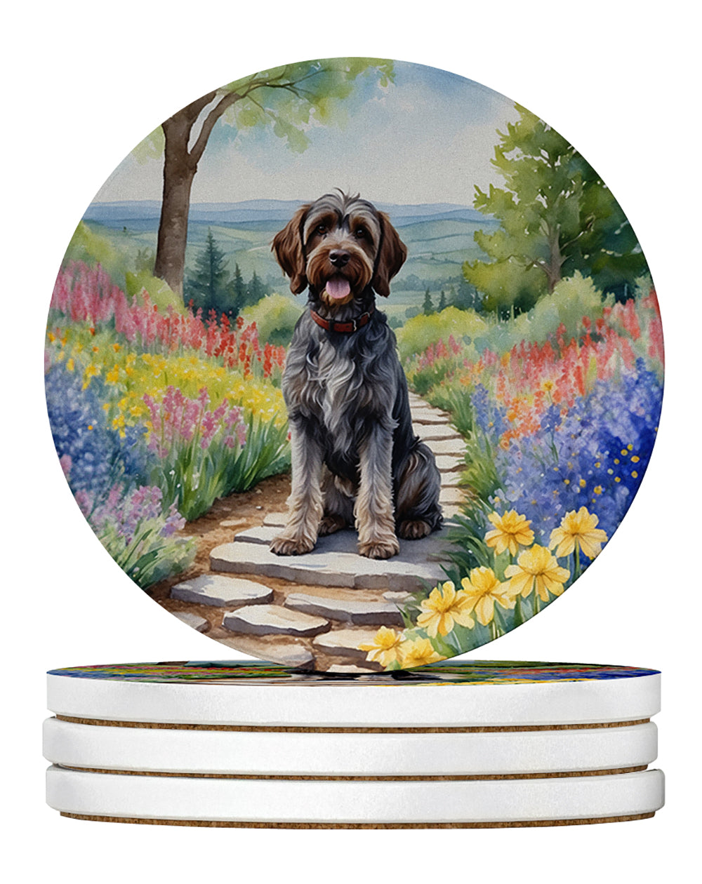 Wirehaired Pointing Griffon Spring Path Large Sandstone Coasters Pack of 4 Absorbent Round Coasters Decor Gifts for Men or Women, 4 in, Multicolor