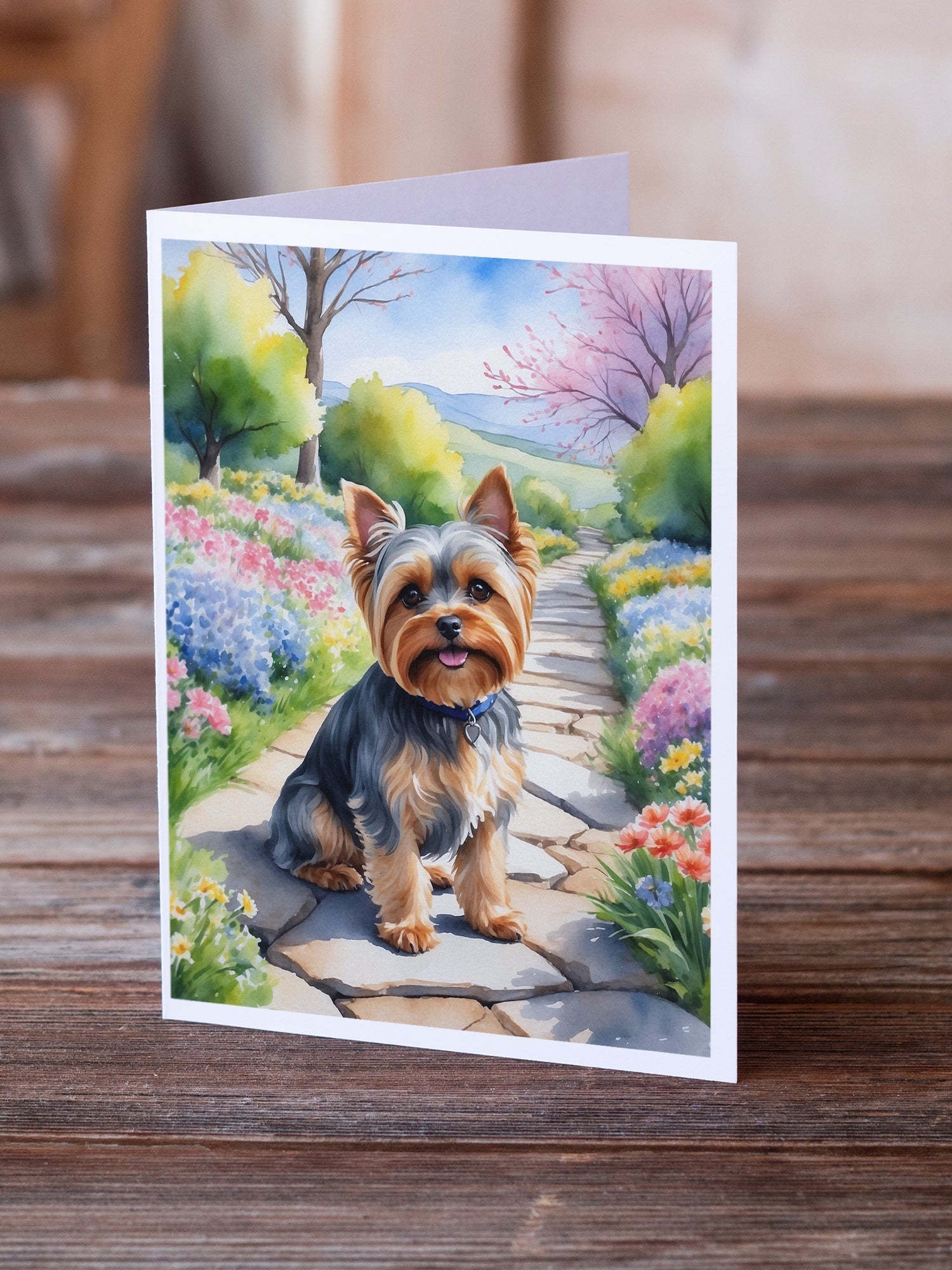 Yorkshire Terrier Spring Path Greeting Cards Pack of 8 Blank Cards with Envelopes Whimsical A7 Size 5x7