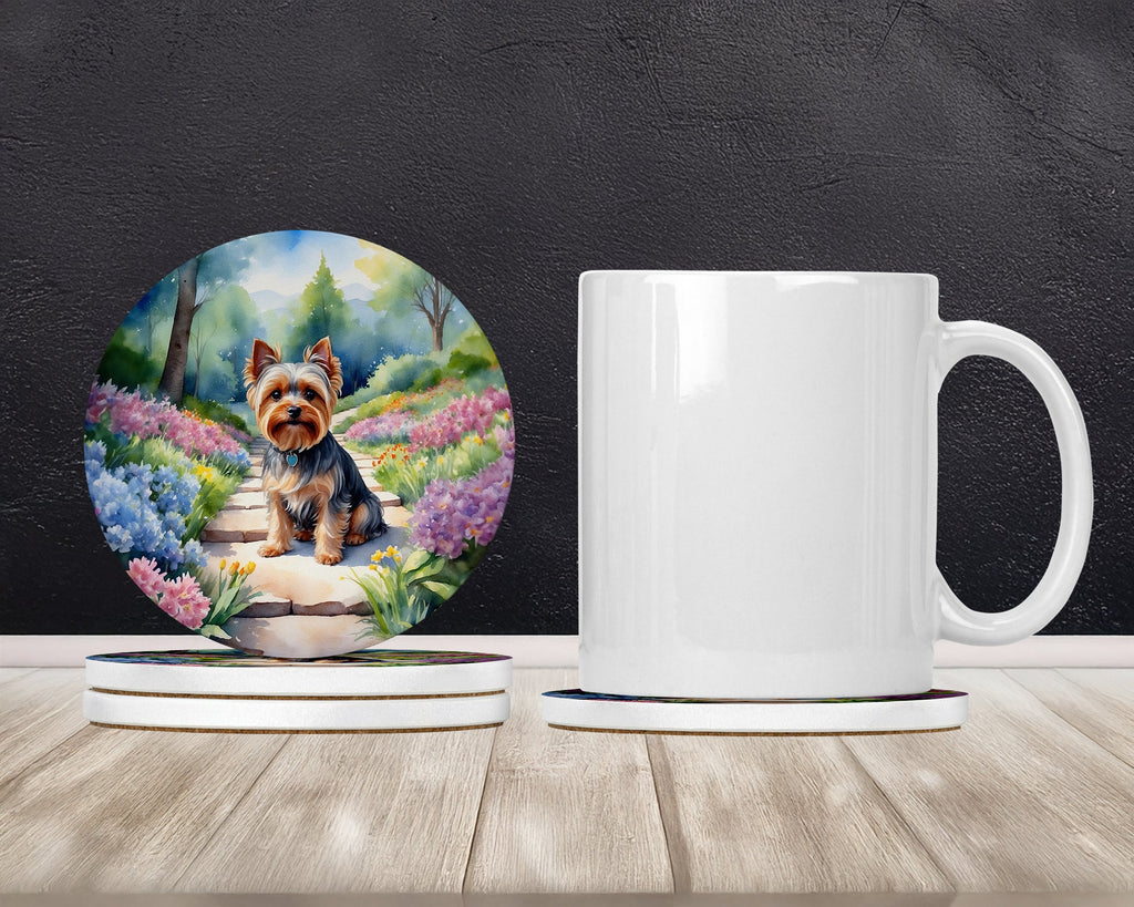 Yorkshire Terrier Spring Path Large Sandstone Coasters Pack of 4 Absorbent Round Coasters Decor Gifts for Men or Women, 4 in, Multicolor