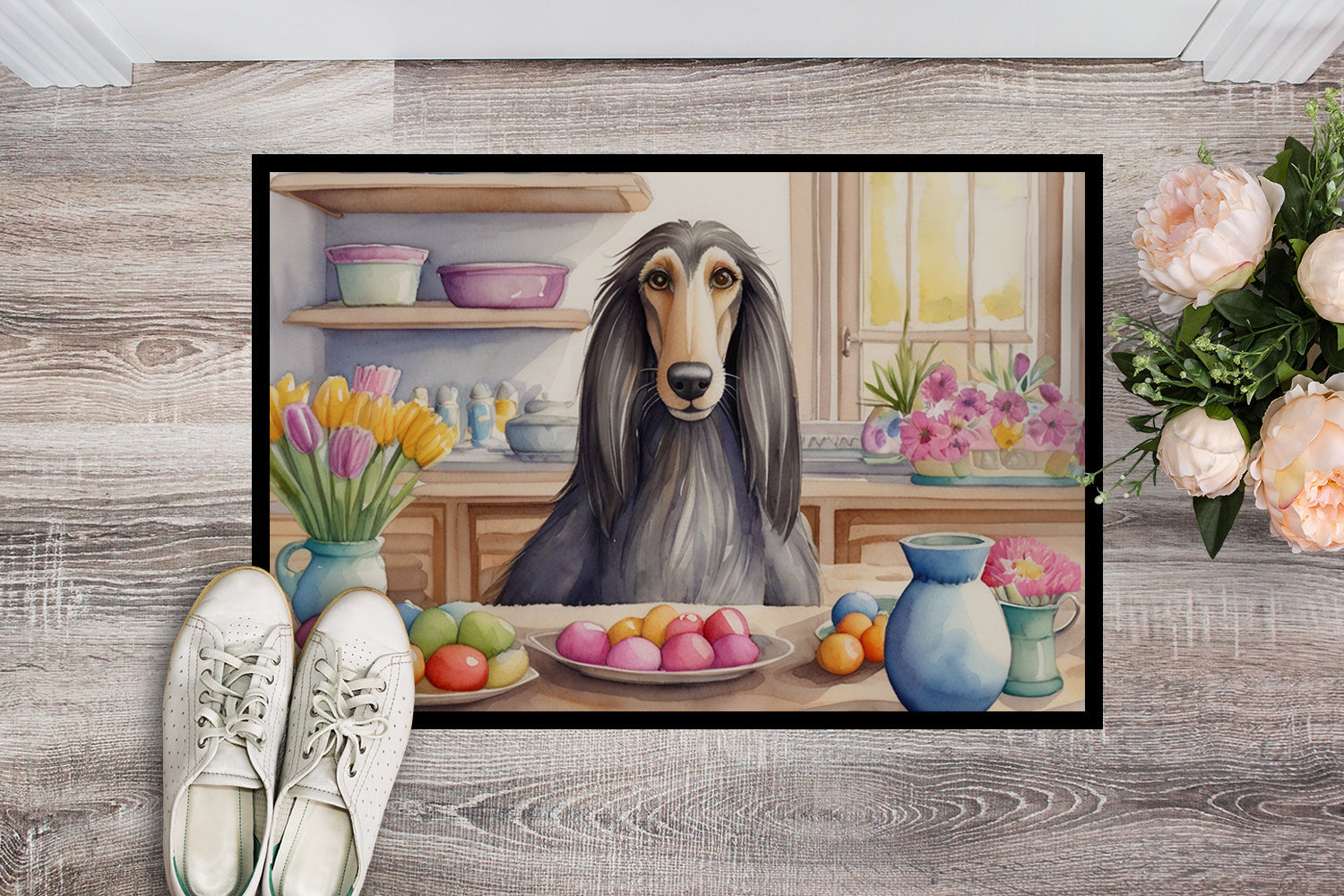 Decorating Easter Afghan Hound Doormat Indoor Outdoor 24H X 36W Front Door Mat Rugs for Entryway, Non Slip Washable Low Pile,