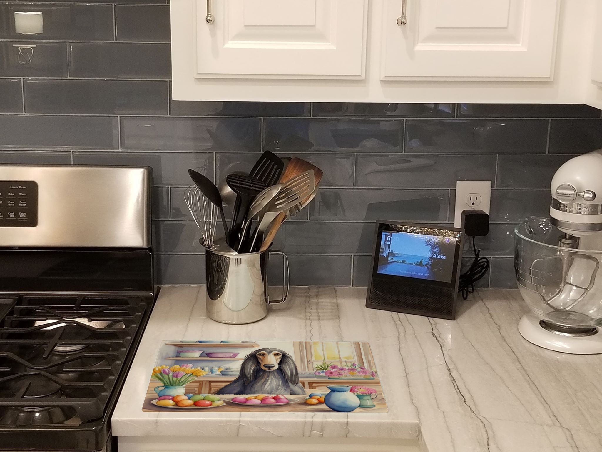 Decorating Easter Afghan Hound Cutting Board Tempered Glass Kitchen Cutting Surface, Heat Resistant Chopping, Non-Slip Feet, Food Prep & Serving