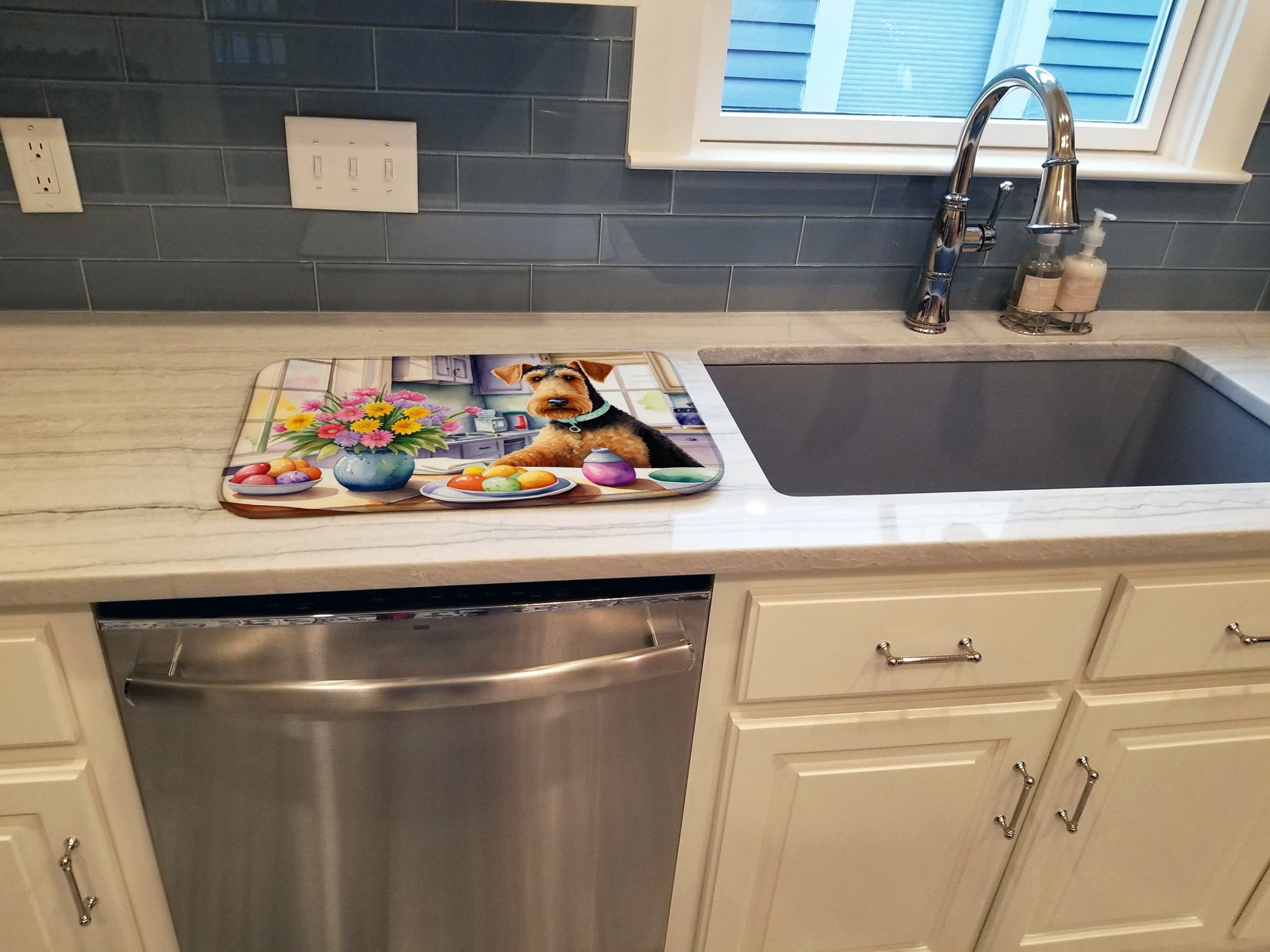 Decorating Easter Airedale Terrier Dish Drying Mat Absorbent Dish Drying Mat Pad for Kitchen Counter Dish Drainer Mat for Countertop, 14 x 21", Multicolor
