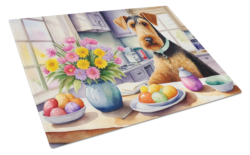 Decorating Easter Airedale Terrier Cutting Board Tempered Glass Kitchen Cutting Surface, Heat Resistant Chopping, Non-Slip Feet, Food Prep & Serving