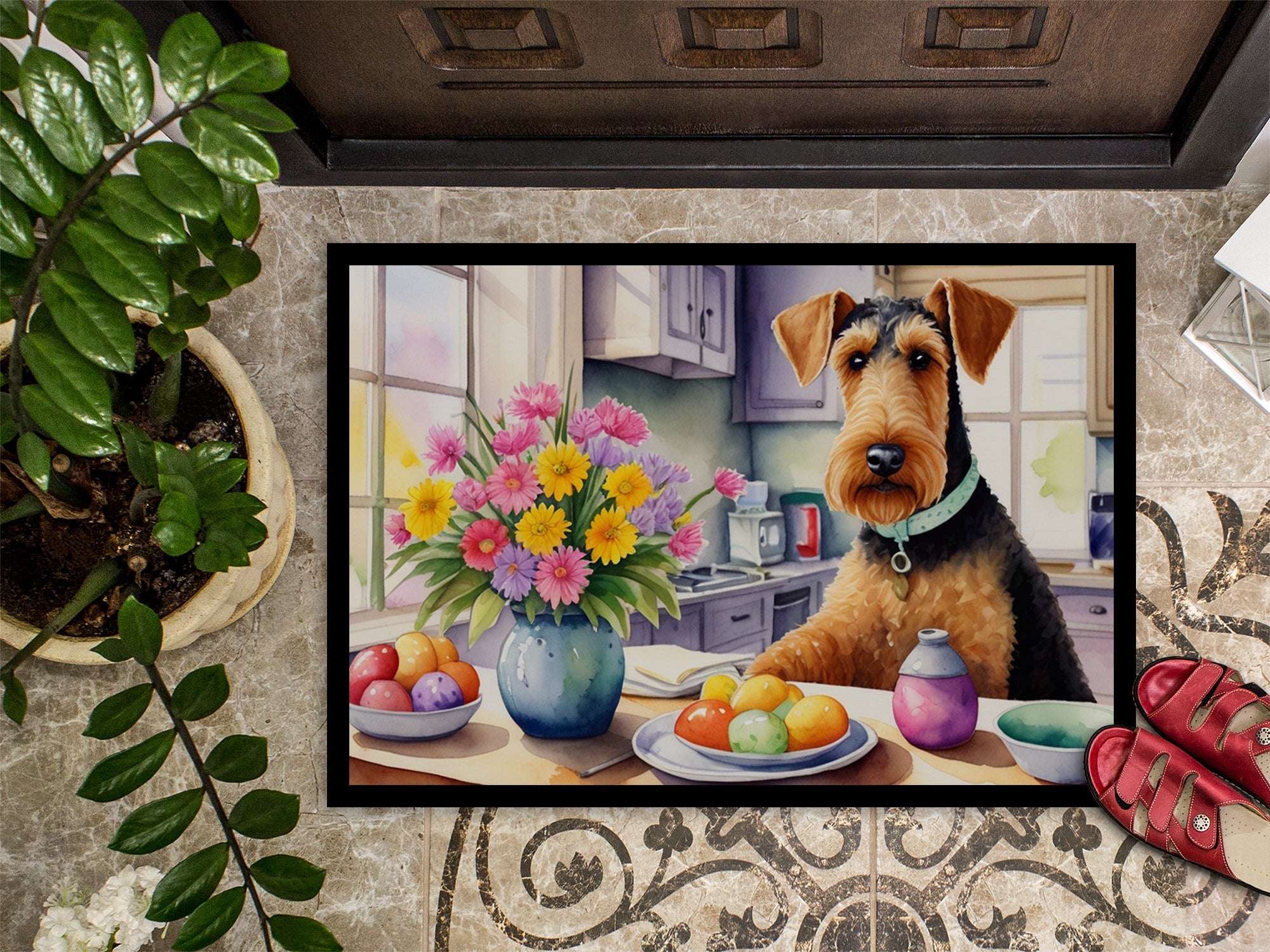 Decorating Easter Airedale Terrier Doormat Indoor Outdoor 18H X 27W Front Door Mat Rugs for Entryway, Non Slip Washable