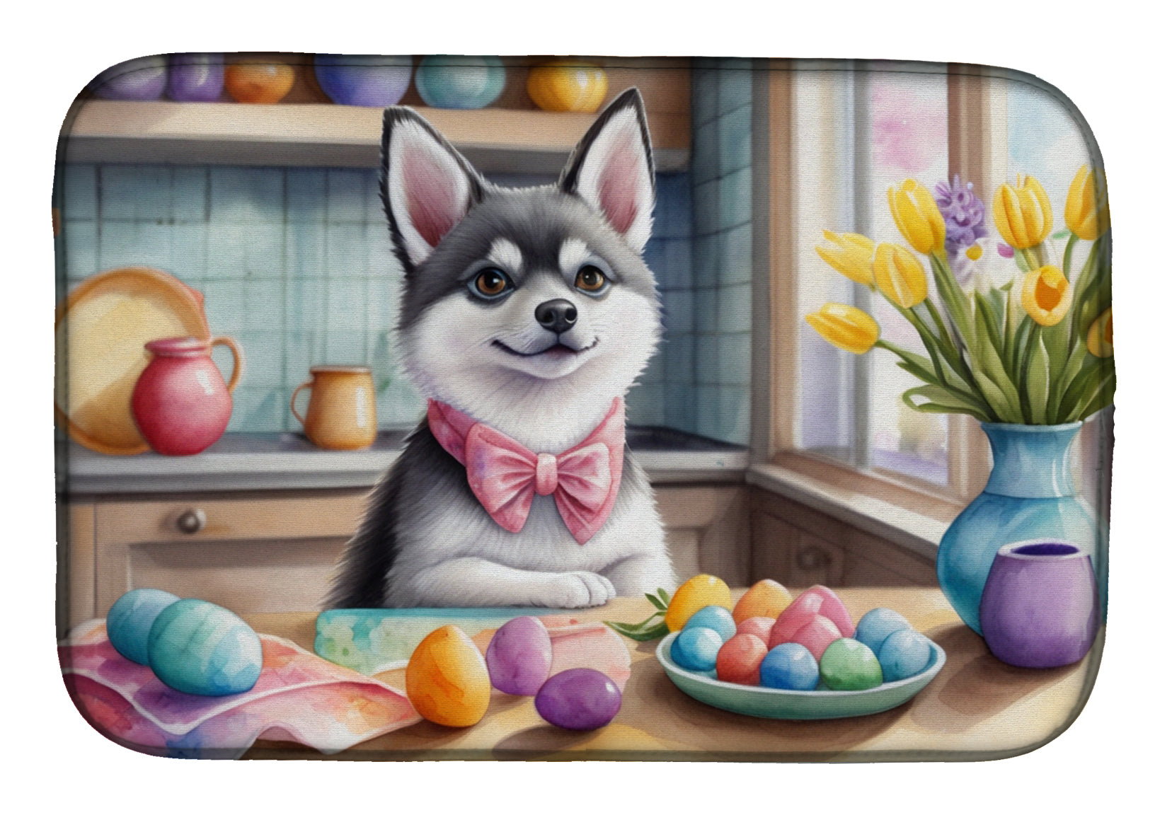 Decorating Easter Alaskan Klee Kai Dish Drying Mat Absorbent Dish Drying Mat Pad for Kitchen Counter Dish Drainer Mat for Countertop, 14 x 21", Multicolor