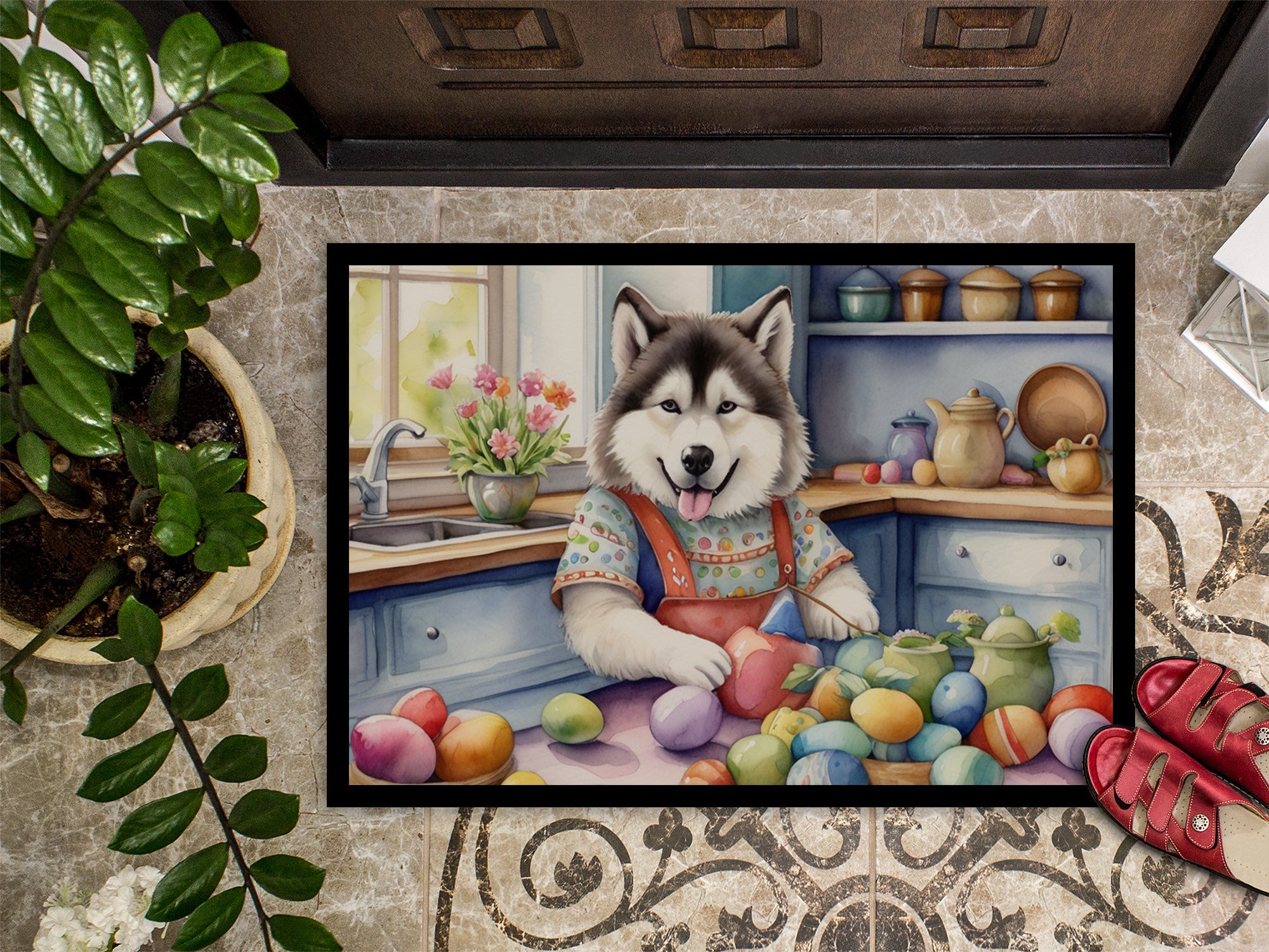 Decorating Easter Alaskan Malamute Doormat Indoor Outdoor 24H X 36W Front Door Mat Rugs for Entryway, Non Slip Washable Low Pile,