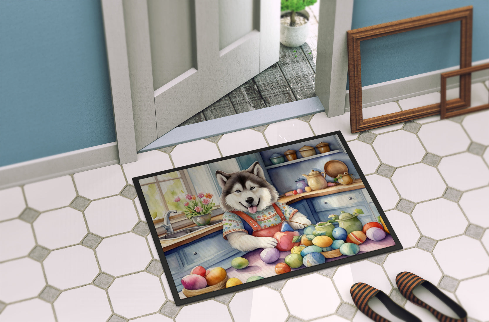 Decorating Easter Alaskan Malamute Doormat Indoor Outdoor 18H X 27W Front Door Mat Rugs for Entryway, Non Slip Washable