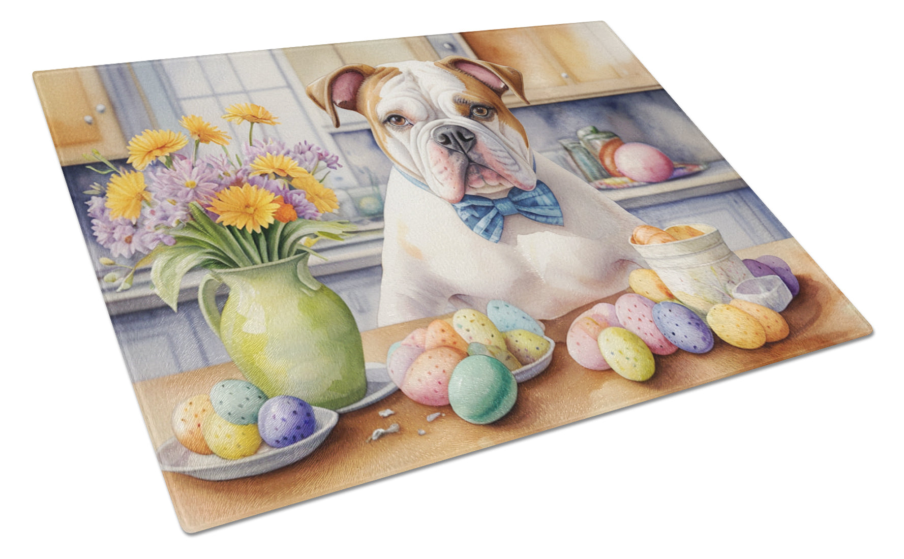 Decorating Easter American Bulldog Cutting Board Tempered Glass Kitchen Cutting Surface, Heat Resistant Chopping, Non-Slip Feet, Food Prep & Serving