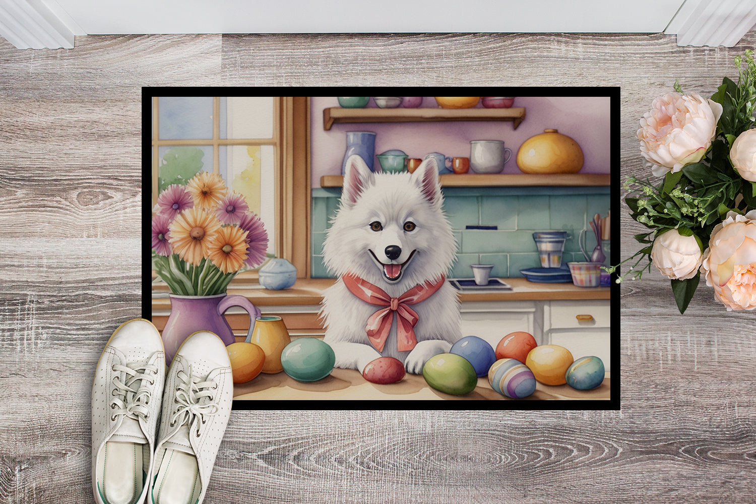 Decorating Easter American Eskimo Doormat Indoor Outdoor 18H X 27W Front Door Mat Rugs for Entryway, Non Slip Washable