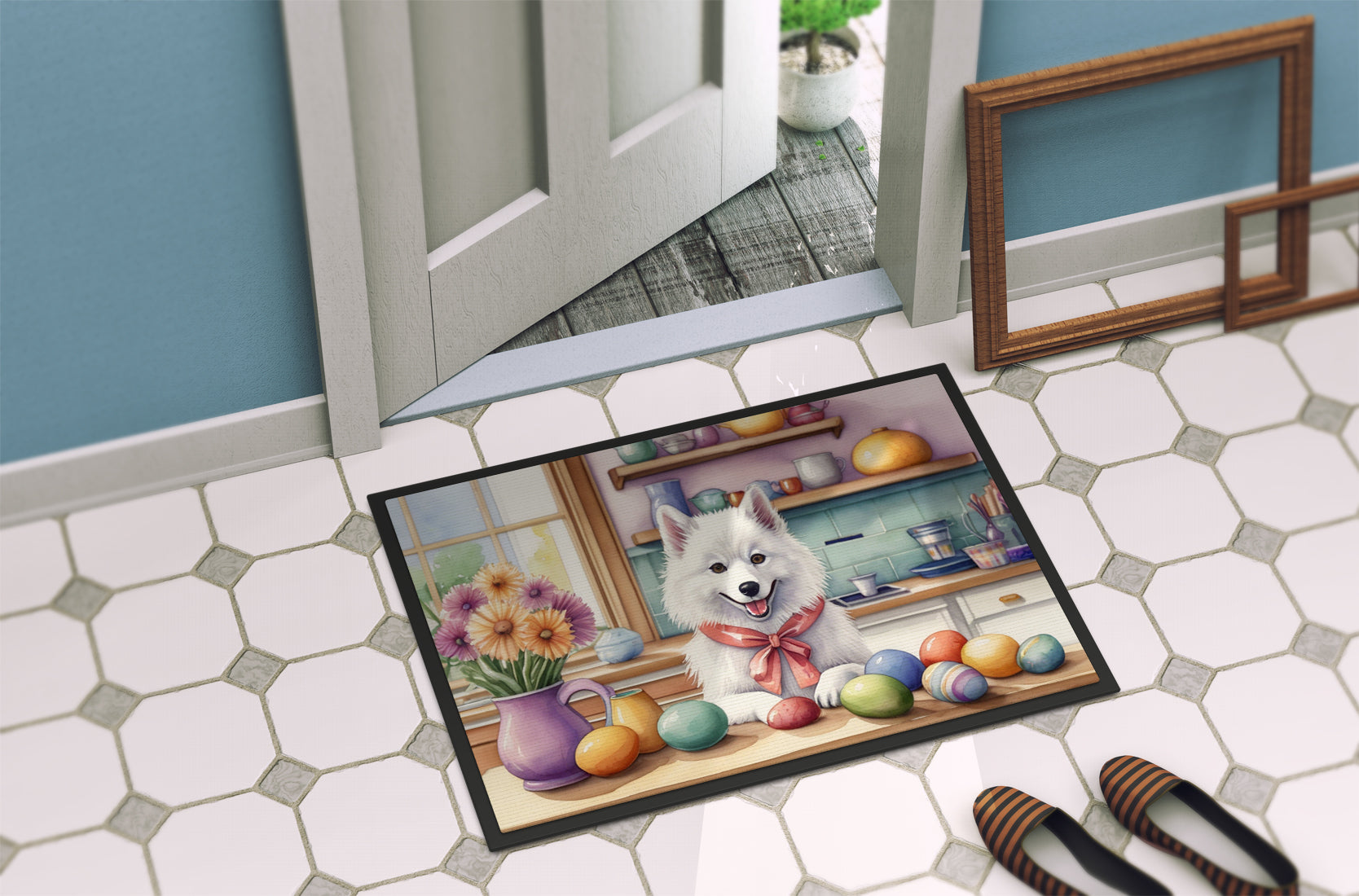Decorating Easter American Eskimo Doormat Indoor Outdoor 18H X 27W Front Door Mat Rugs for Entryway, Non Slip Washable