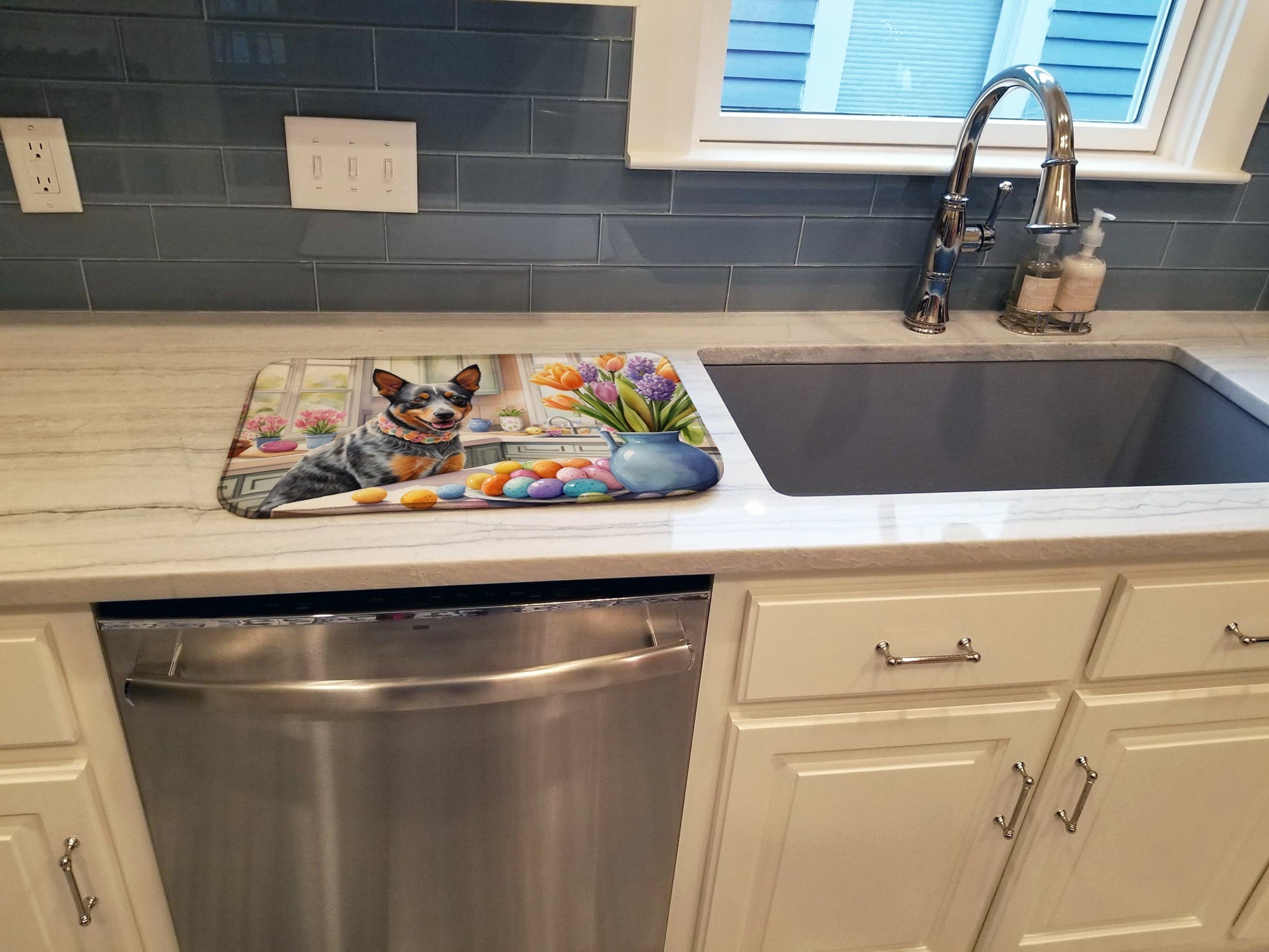 Decorating Easter Australian Cattle Dog Dish Drying Mat Absorbent Dish Drying Mat Pad for Kitchen Counter Dish Drainer Mat for Countertop, 14 x 21", Multicolor