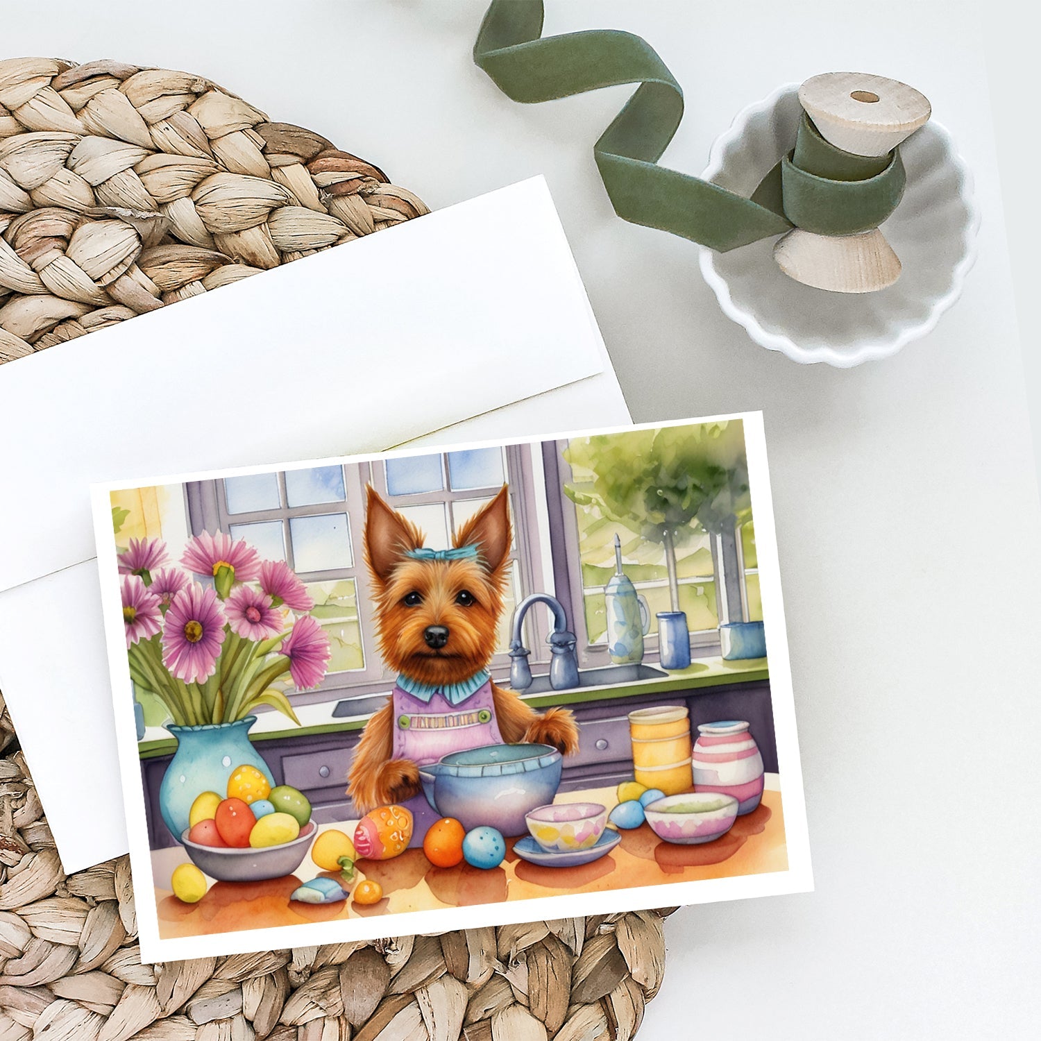 Decorating Easter Australian Terrier Greeting Cards Pack of 8 Blank Cards with Envelopes Whimsical A7 Size 5x7