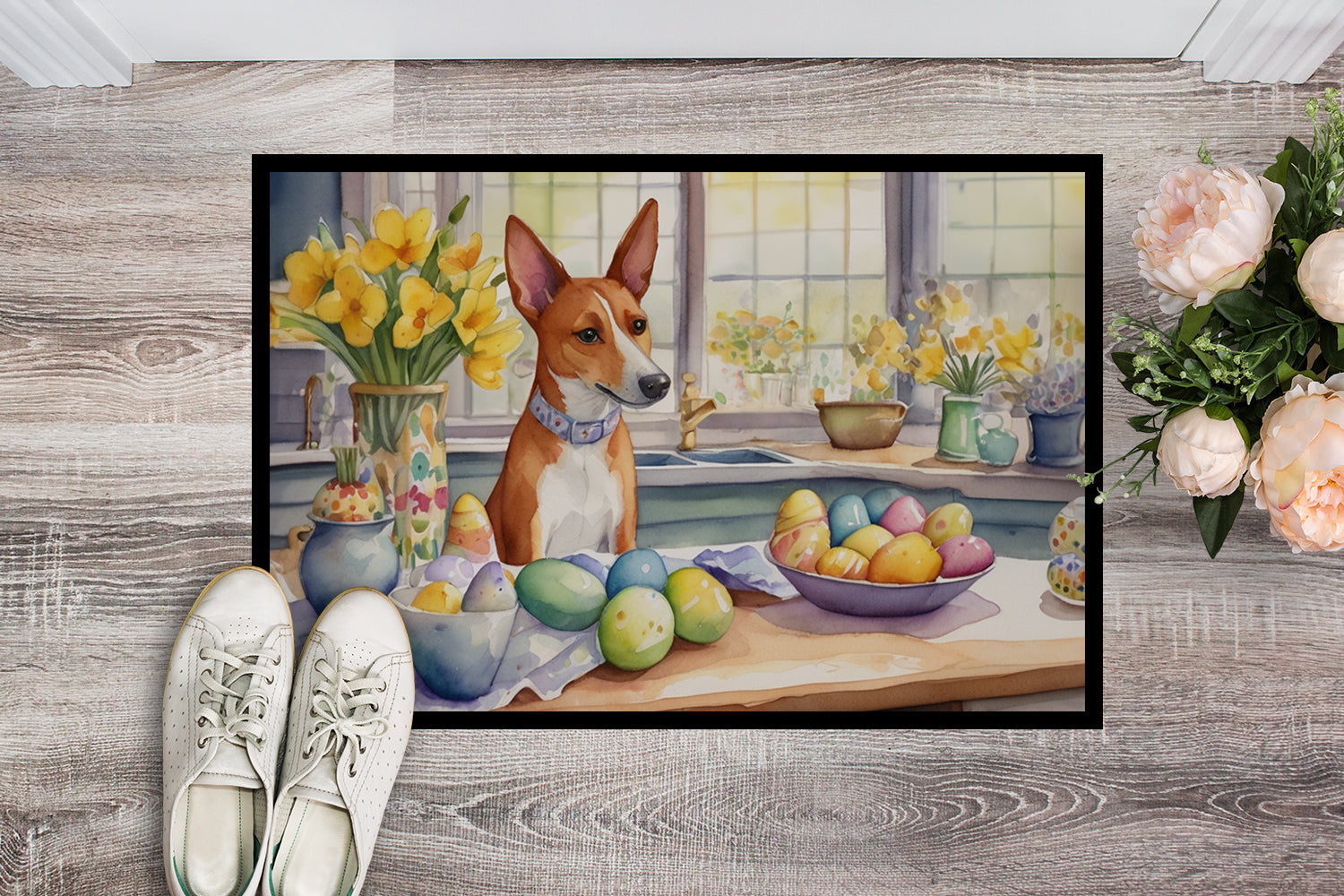 Decorating Easter Basenji Doormat Indoor Outdoor 24H X 36W Front Door Mat Rugs for Entryway, Non Slip Washable Low Pile,