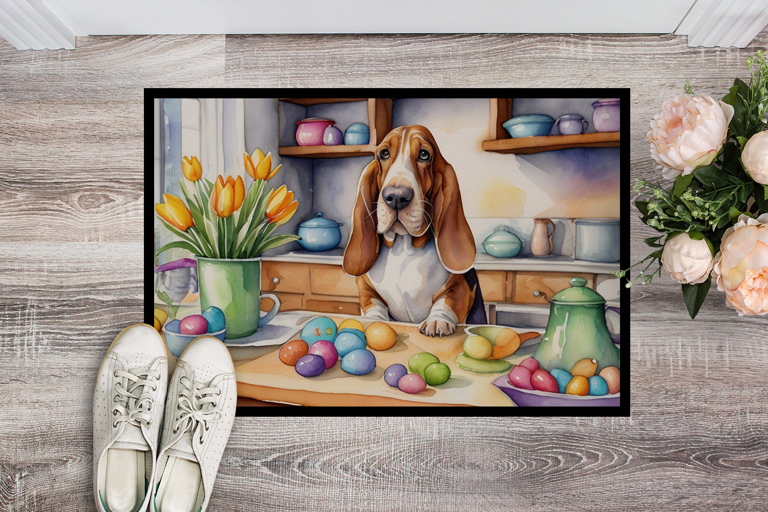 Decorating Easter Basset Hound Doormat Indoor Outdoor 24H X 36W Front Door Mat Rugs for Entryway, Non Slip Washable Low Pile,