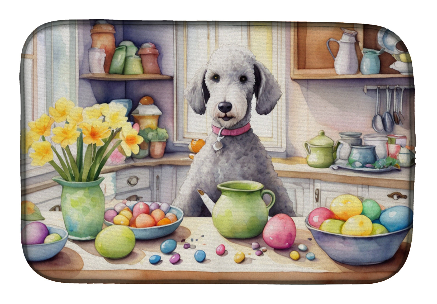 Decorating Easter Bedlington Terrier Dish Drying Mat Absorbent Dish Drying Mat Pad for Kitchen Counter Dish Drainer Mat for Countertop, 14 x 21", Multicolor