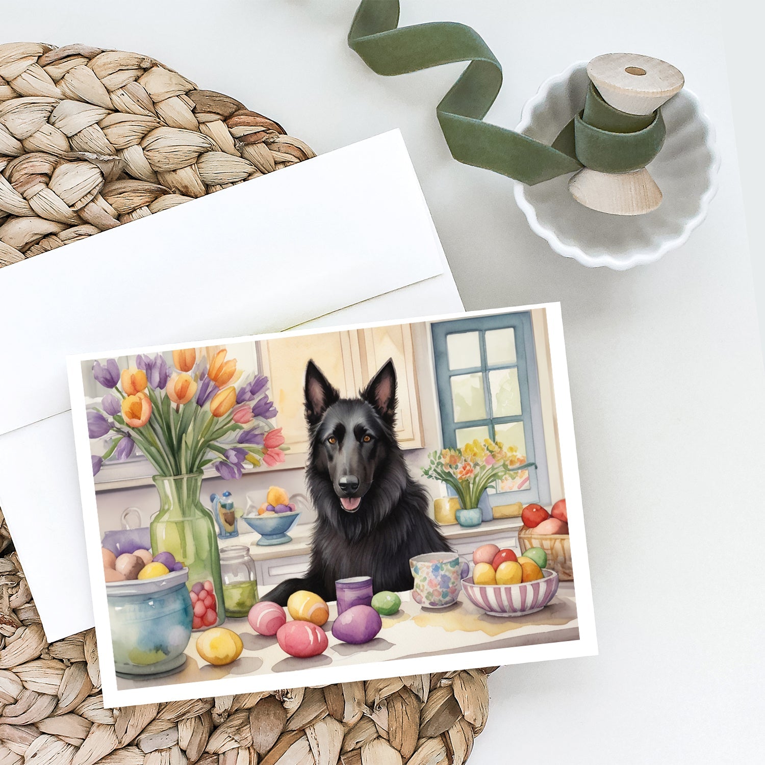 Decorating Easter Belgian Sheepdog Greeting Cards Pack of 8 Blank Cards with Envelopes Whimsical A7 Size 5x7