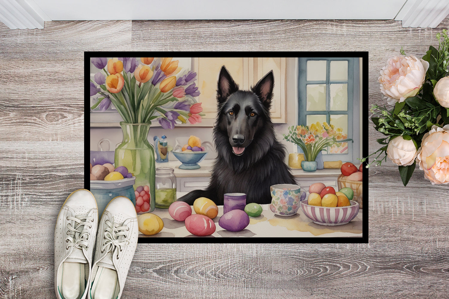 Decorating Easter Belgian Sheepdog Doormat Indoor Outdoor 18H X 27W Front Door Mat Rugs for Entryway, Non Slip Washable