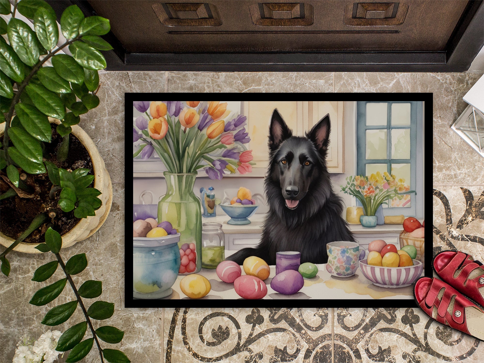 Decorating Easter Belgian Sheepdog Doormat Indoor Outdoor 18H X 27W Front Door Mat Rugs for Entryway, Non Slip Washable