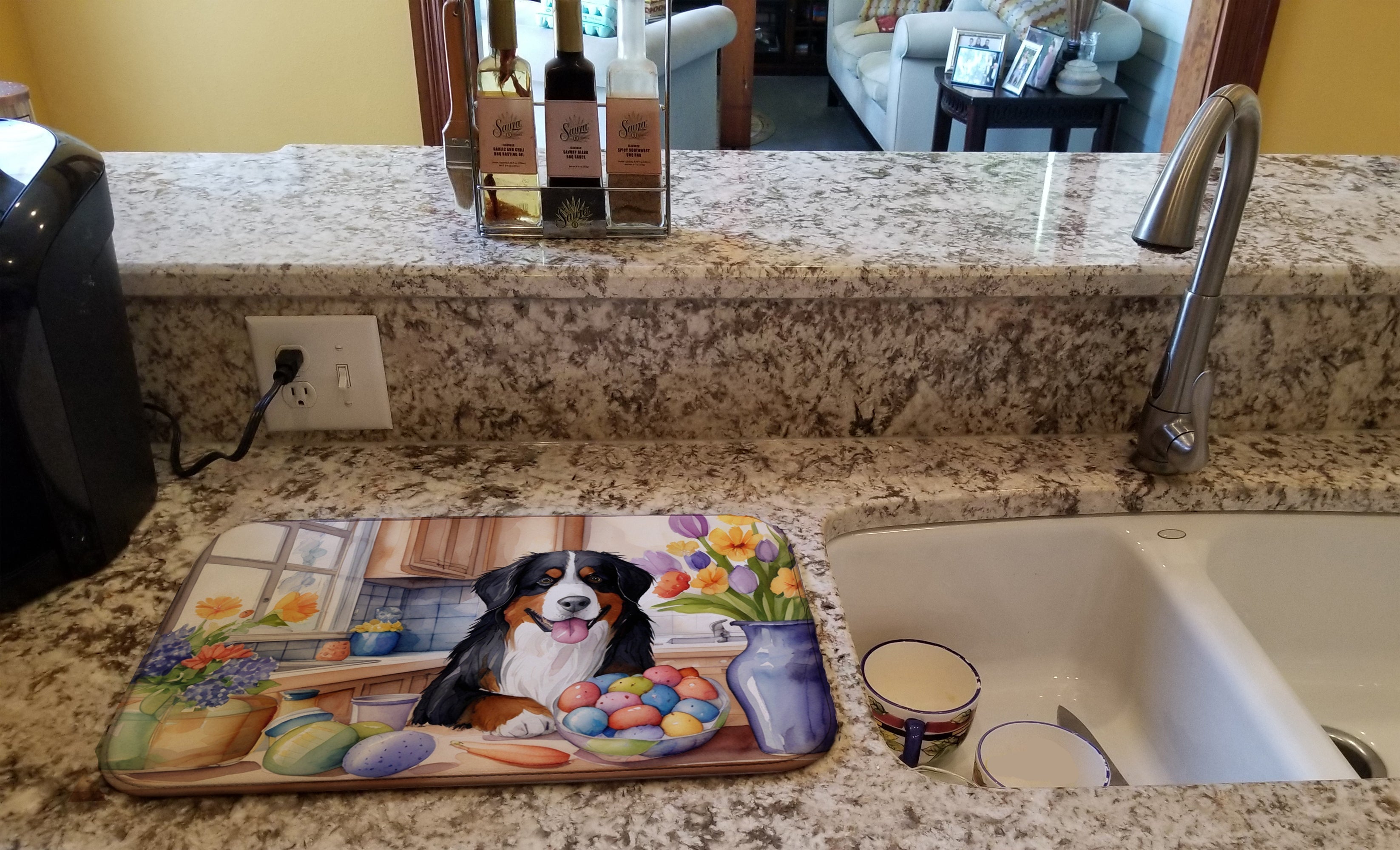 Decorating Easter Bernese Mountain Dog Dish Drying Mat Absorbent Dish Drying Mat Pad for Kitchen Counter Dish Drainer Mat for Countertop, 14 x 21", Multicolor