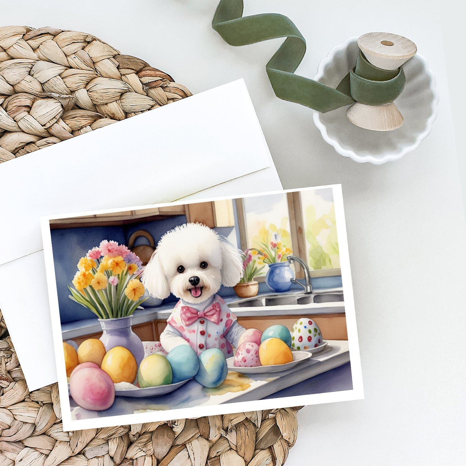 Decorating Easter Bichon Frise Greeting Cards Pack of 8 Blank Cards with Envelopes Whimsical A7 Size 5x7