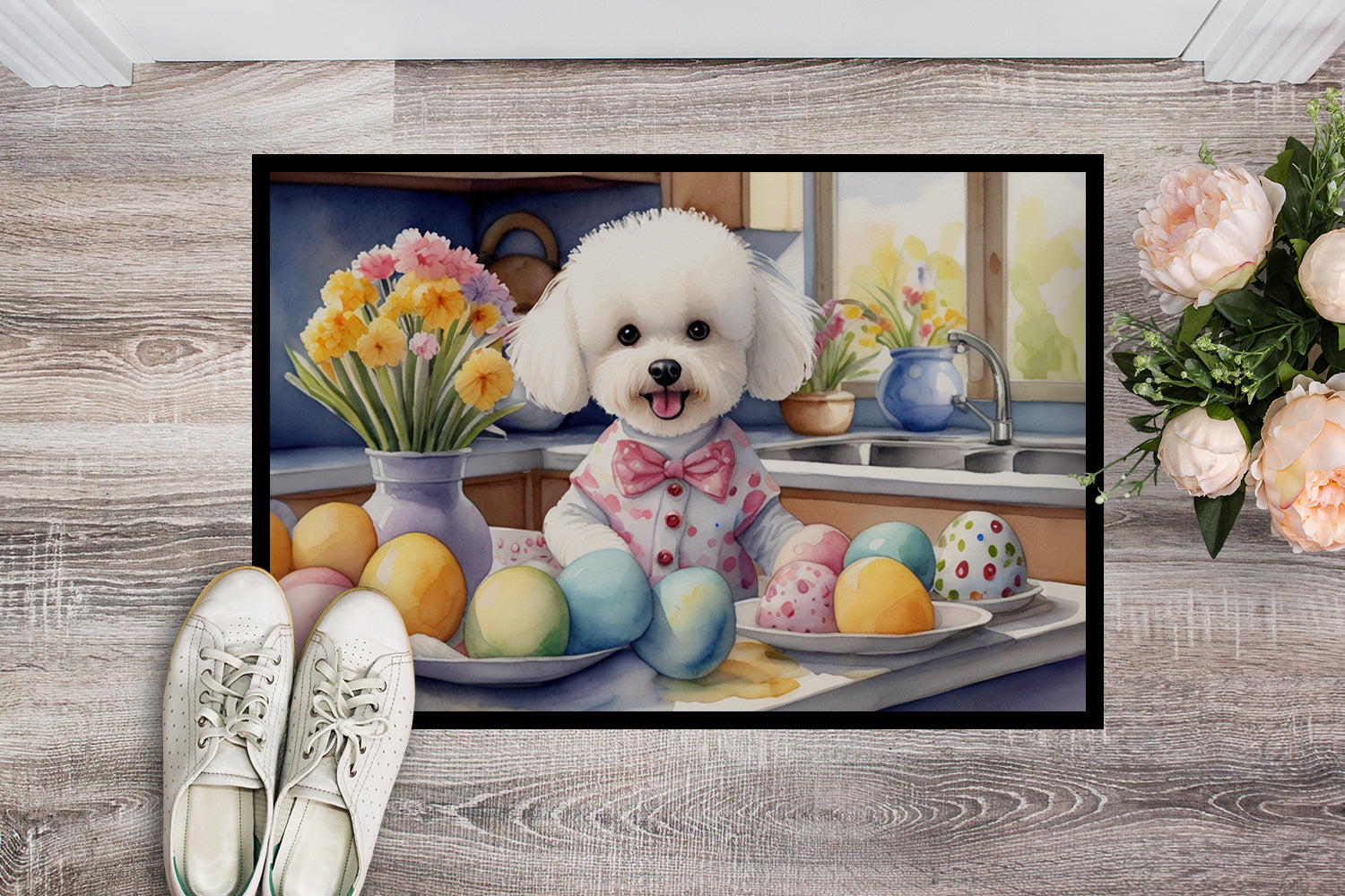Decorating Easter Bichon Frise Doormat Indoor Outdoor 24H X 36W Front Door Mat Rugs for Entryway, Non Slip Washable Low Pile,