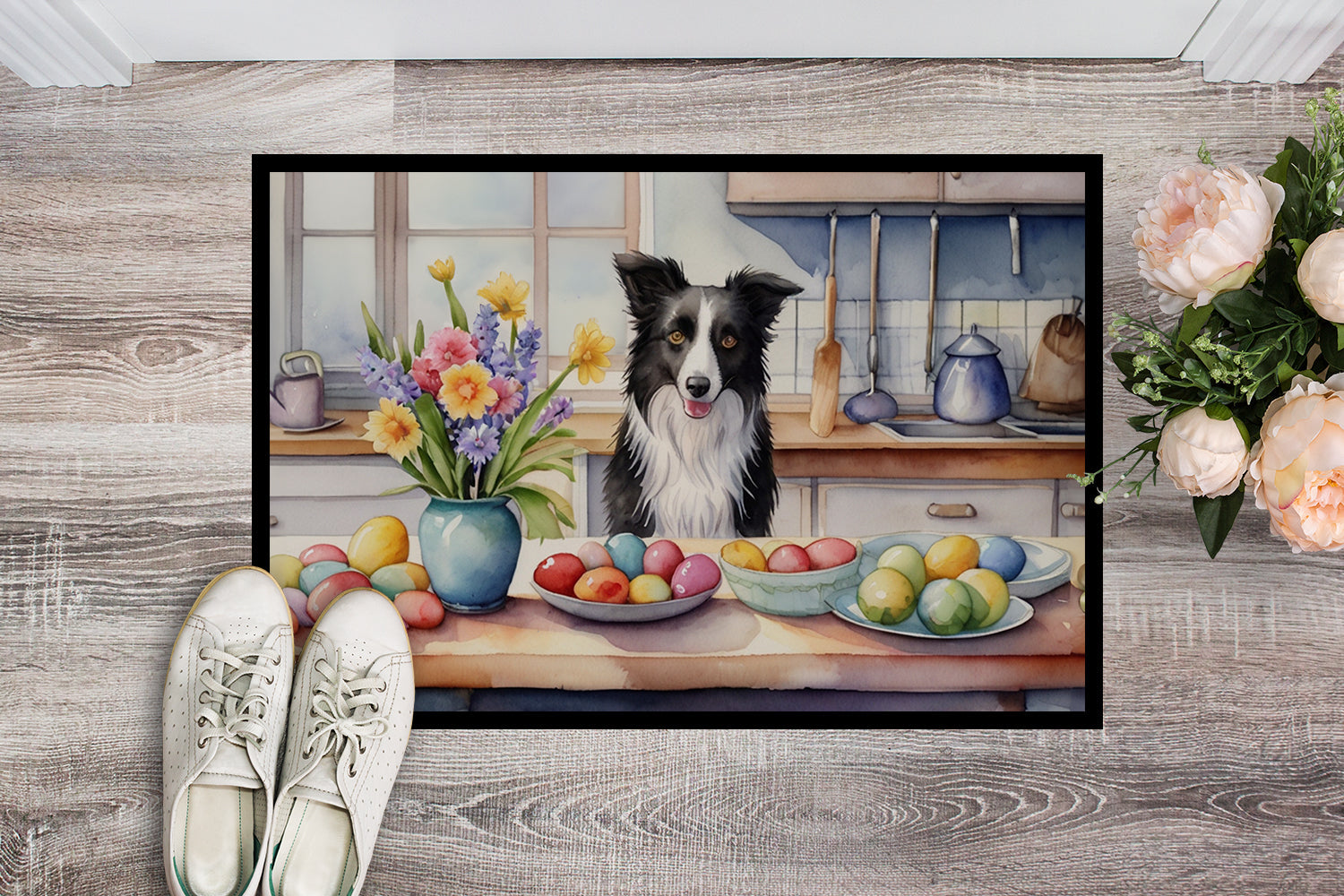 Decorating Easter Border Collie Doormat Indoor Outdoor 18H X 27W Front Door Mat Rugs for Entryway, Non Slip Washable