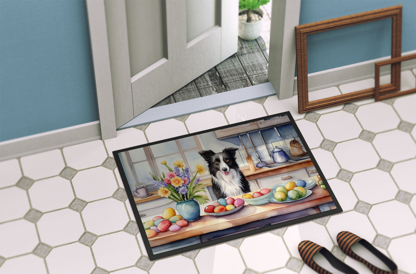 Decorating Easter Border Collie Doormat Indoor Outdoor 18H X 27W Front Door Mat Rugs for Entryway, Non Slip Washable