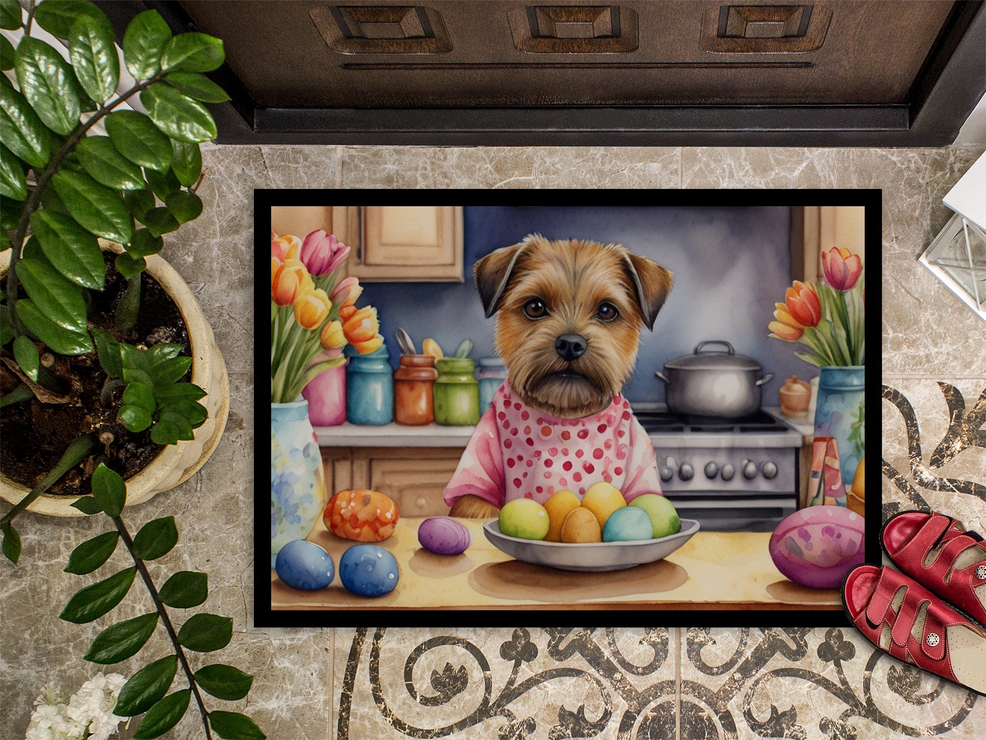 Decorating Easter Border Terrier Doormat Indoor Outdoor 18H X 27W Front Door Mat Rugs for Entryway, Non Slip Washable