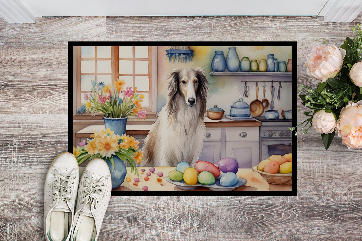 Decorating Easter Borzoi Doormat Indoor Outdoor 24H X 36W Front Door Mat Rugs for Entryway, Non Slip Washable Low Pile,