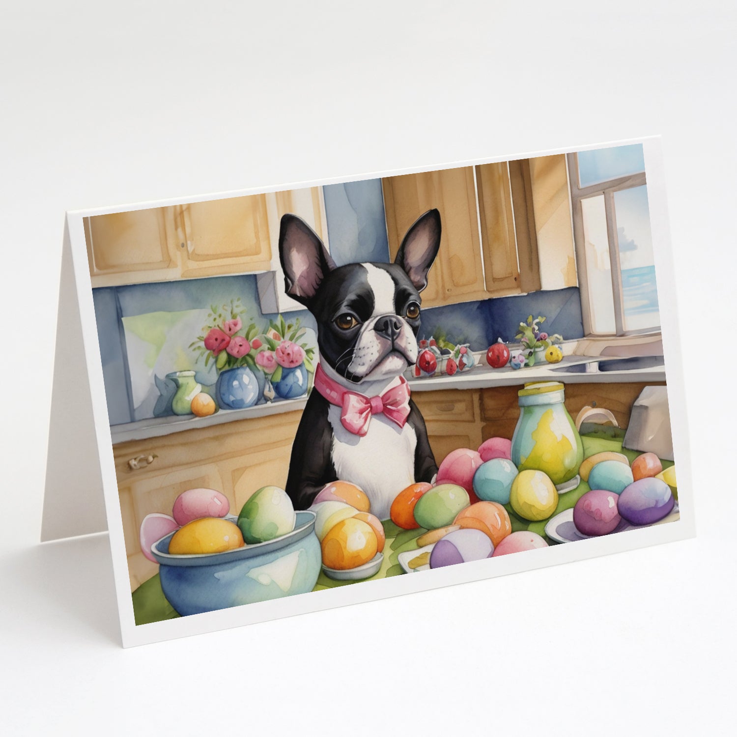 Decorating Easter Boston Terrier Greeting Cards Pack of 8 Blank Cards with Envelopes Whimsical A7 Size 5x7
