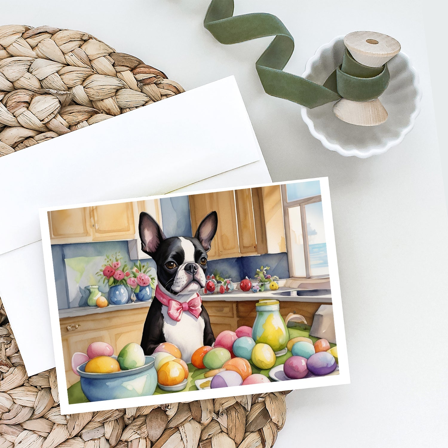 Decorating Easter Boston Terrier Greeting Cards Pack of 8 Blank Cards with Envelopes Whimsical A7 Size 5x7