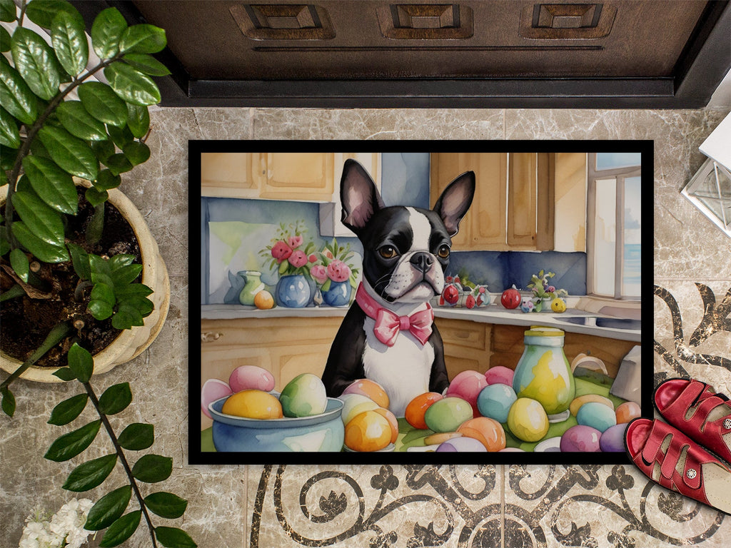 Decorating Easter Boston Terrier Doormat Indoor Outdoor 24H X 36W Front Door Mat Rugs for Entryway, Non Slip Washable Low Pile,