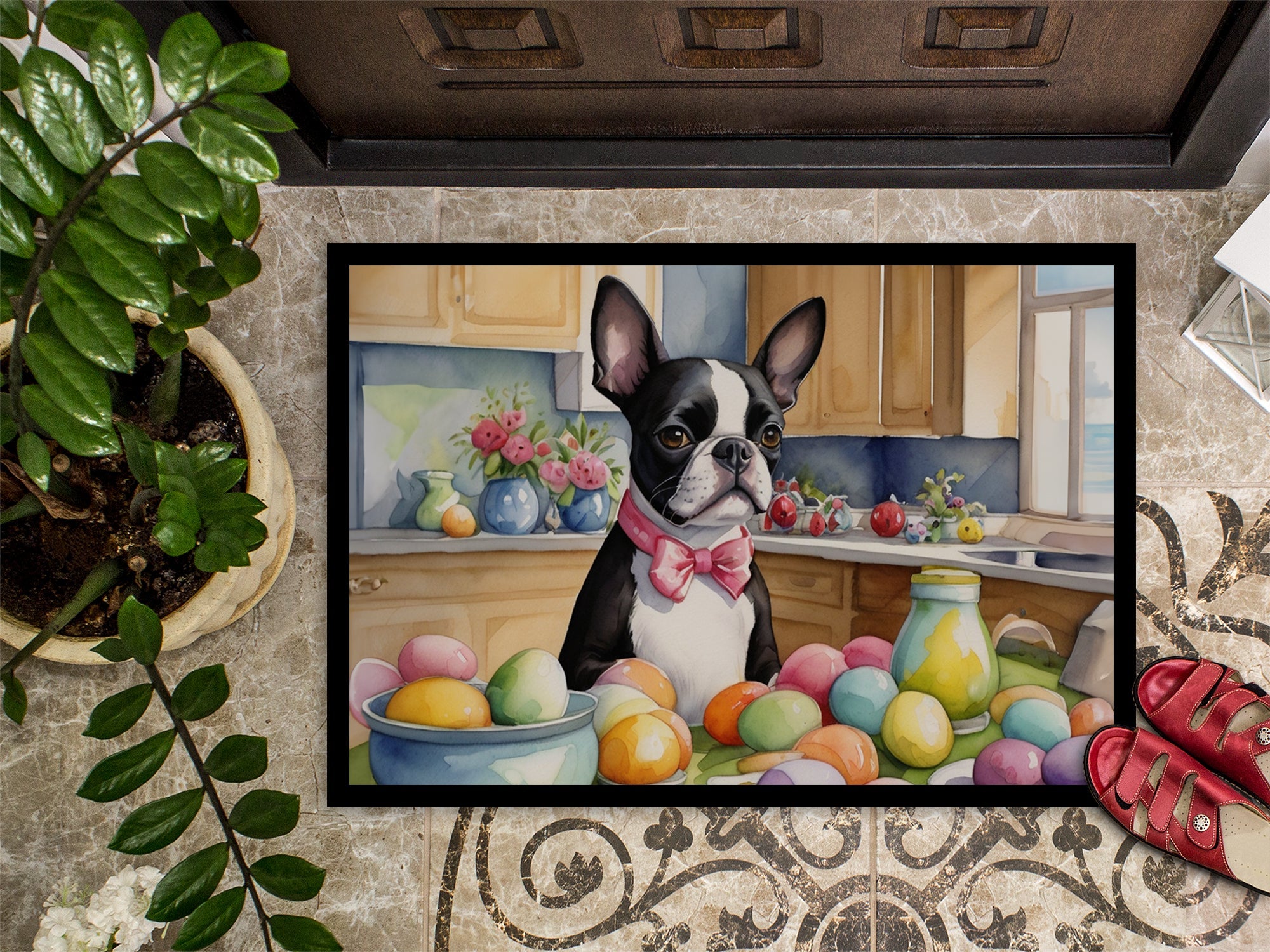 Decorating Easter Boston Terrier Doormat Indoor Outdoor 24H X 36W Front Door Mat Rugs for Entryway, Non Slip Washable Low Pile,