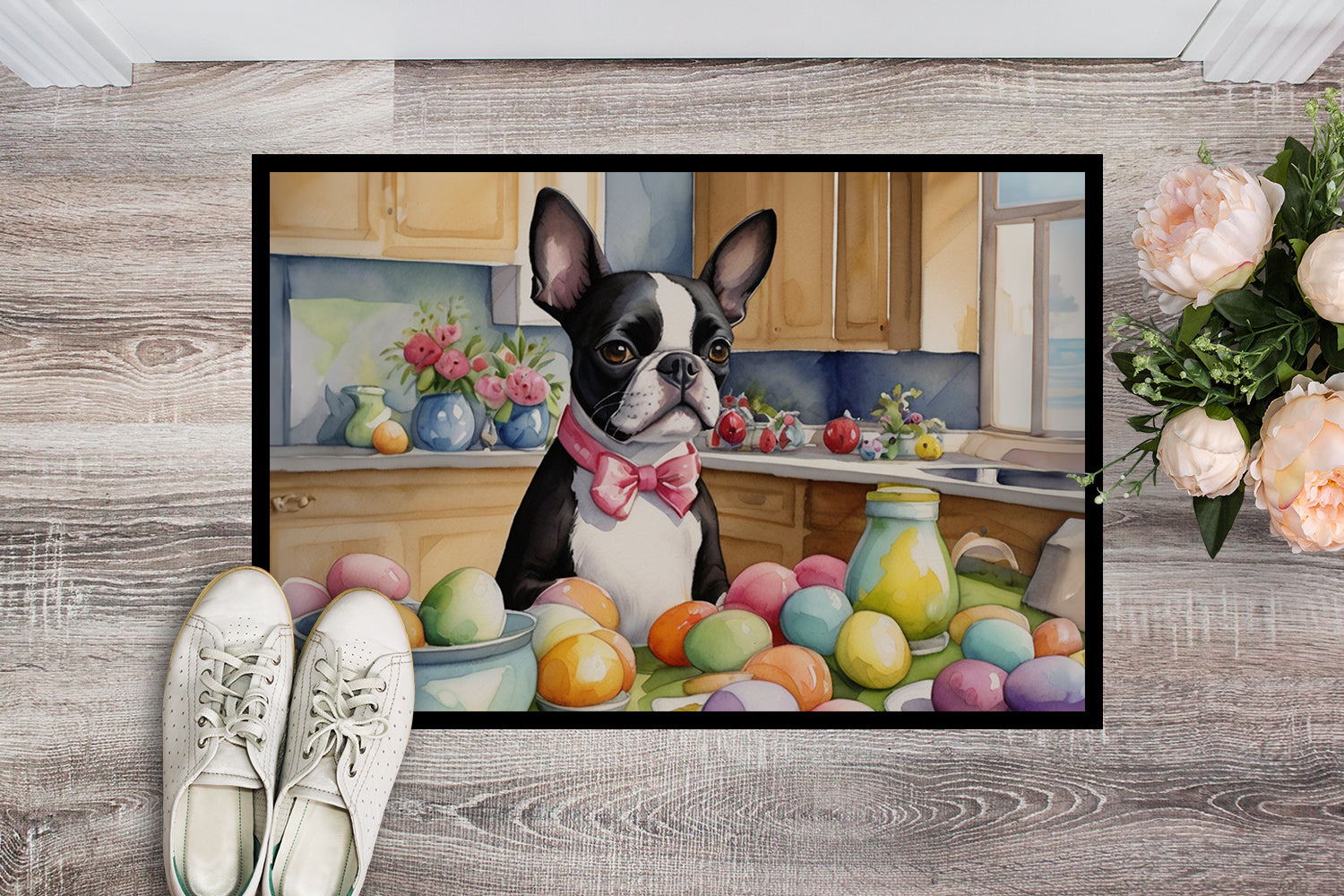 Decorating Easter Boston Terrier Doormat Indoor Outdoor 18H X 27W Front Door Mat Rugs for Entryway, Non Slip Washable