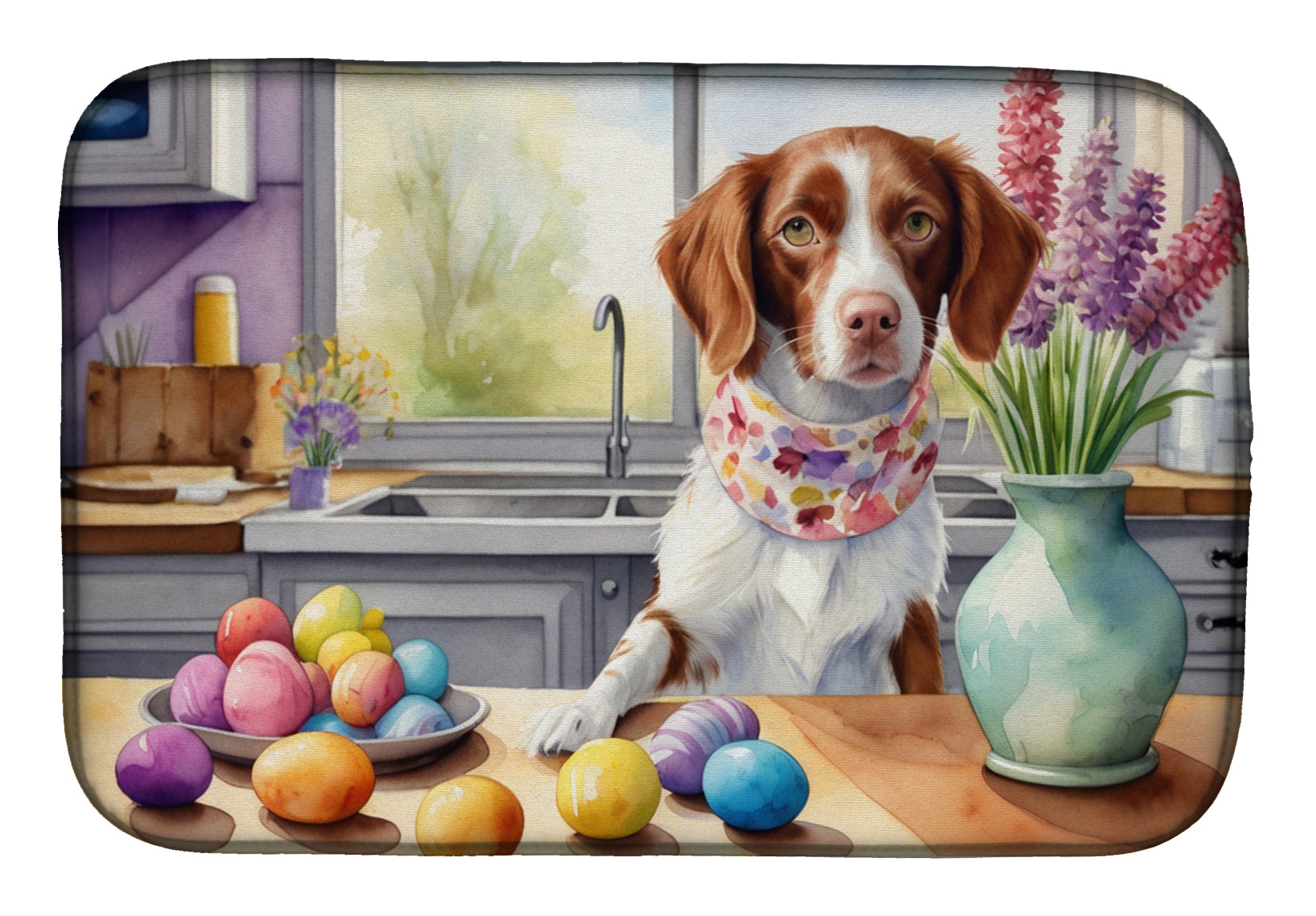Decorating Easter Brittany Spaniel Dish Drying Mat Absorbent Dish Drying Mat Pad for Kitchen Counter Dish Drainer Mat for Countertop, 14 x 21", Multicolor