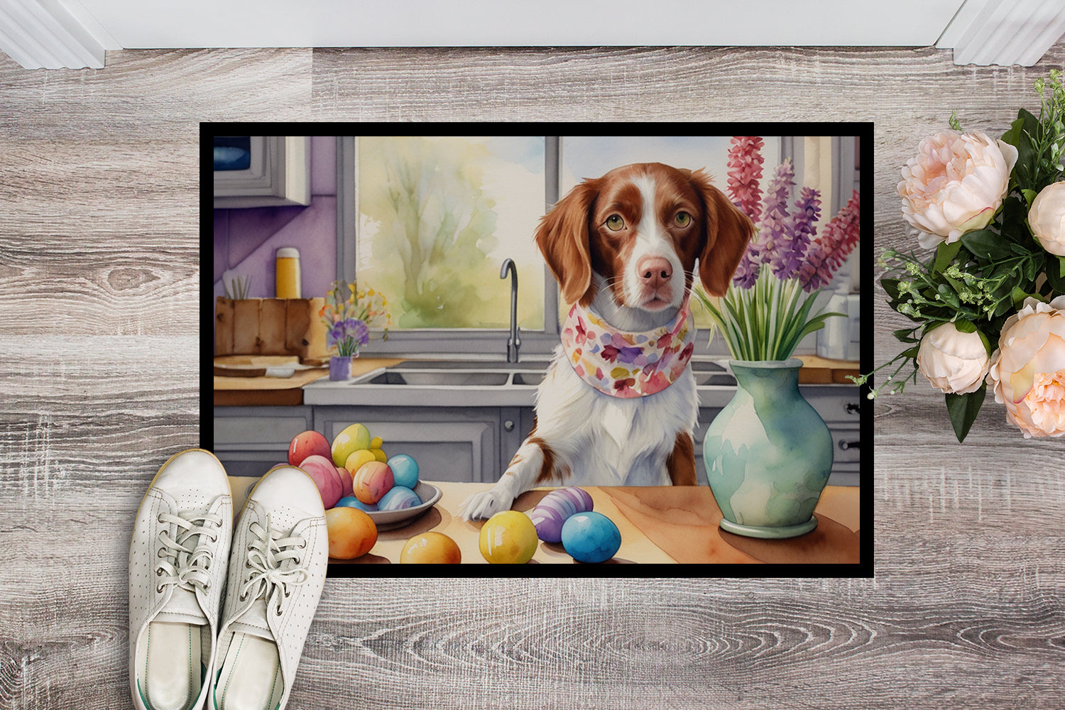 Decorating Easter Brittany Spaniel Doormat Indoor Outdoor 18H X 27W Front Door Mat Rugs for Entryway, Non Slip Washable