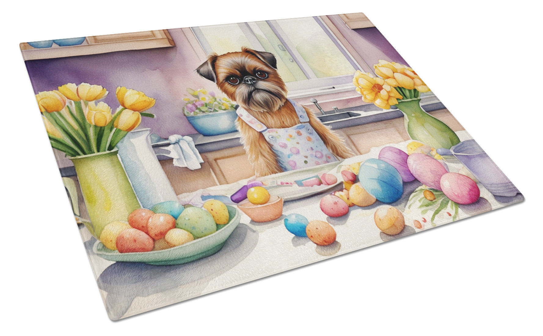 Decorating Easter Brussels Griffon Cutting Board Tempered Glass Kitchen Cutting Surface, Heat Resistant Chopping, Non-Slip Feet, Food Prep & Serving