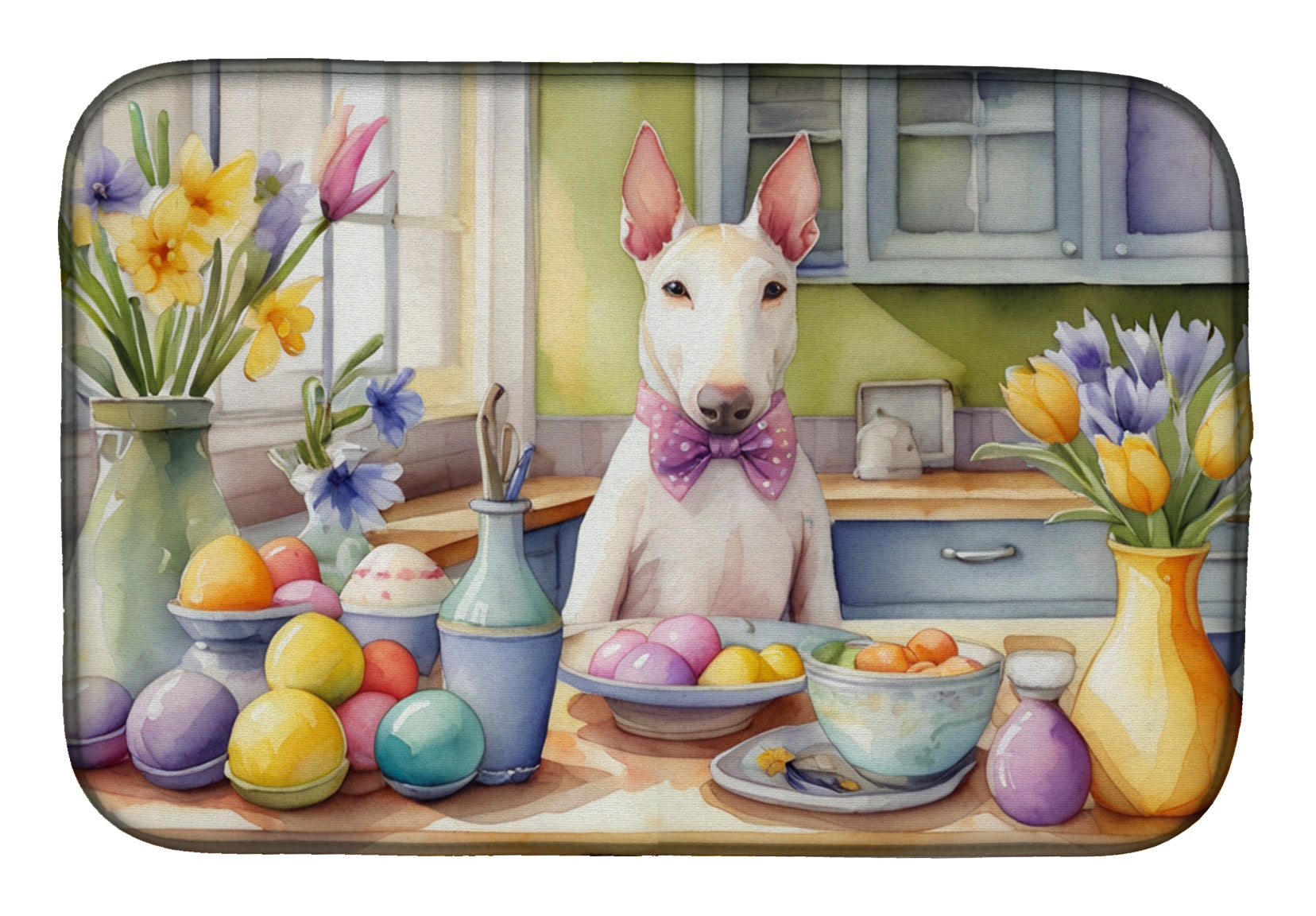Decorating Easter Bull Terrier Dish Drying Mat Absorbent Dish Drying Mat Pad for Kitchen Counter Dish Drainer Mat for Countertop, 14 x 21", Multicolor