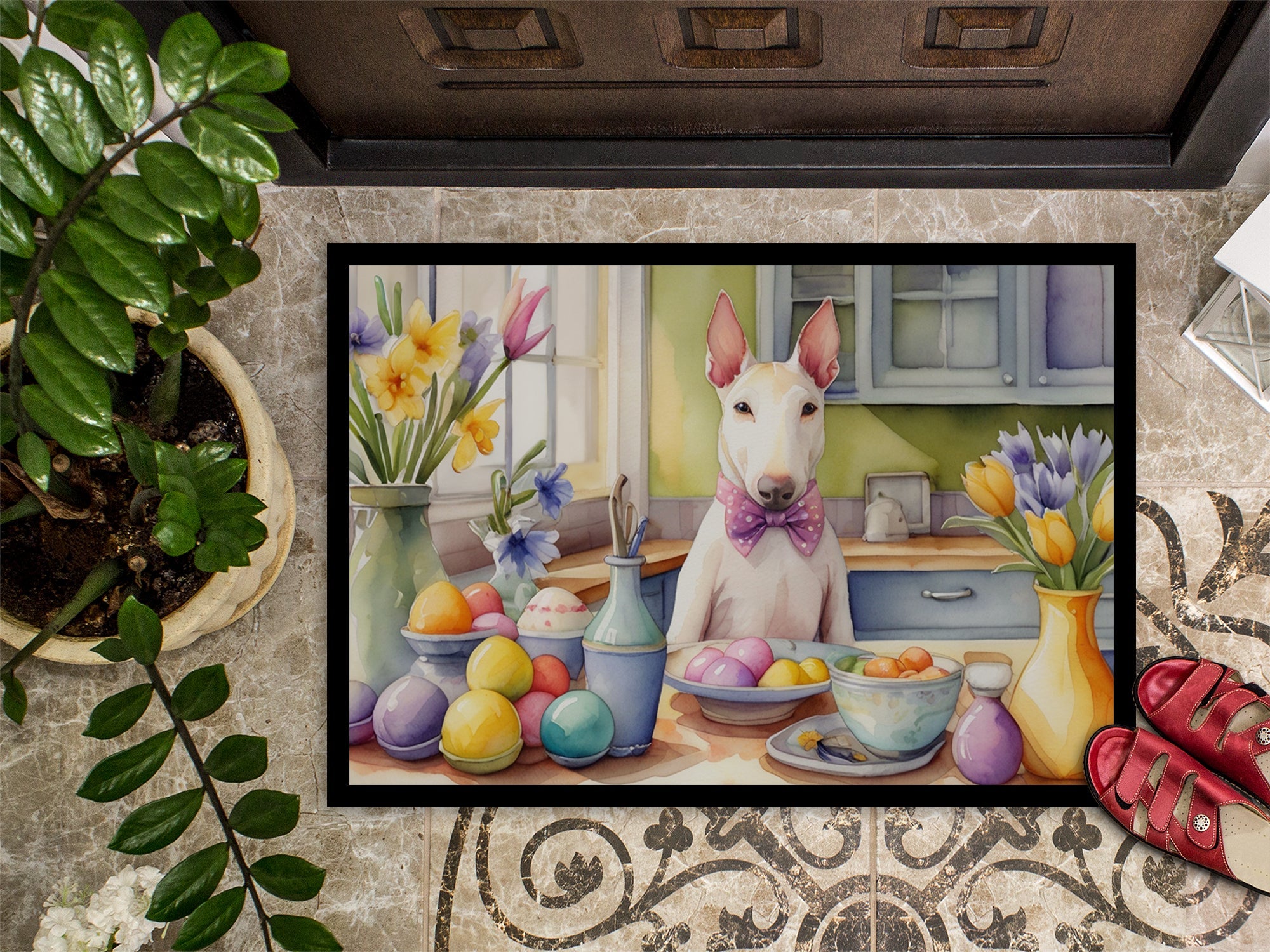 Decorating Easter Bull Terrier Doormat Indoor Outdoor 18H X 27W Front Door Mat Rugs for Entryway, Non Slip Washable