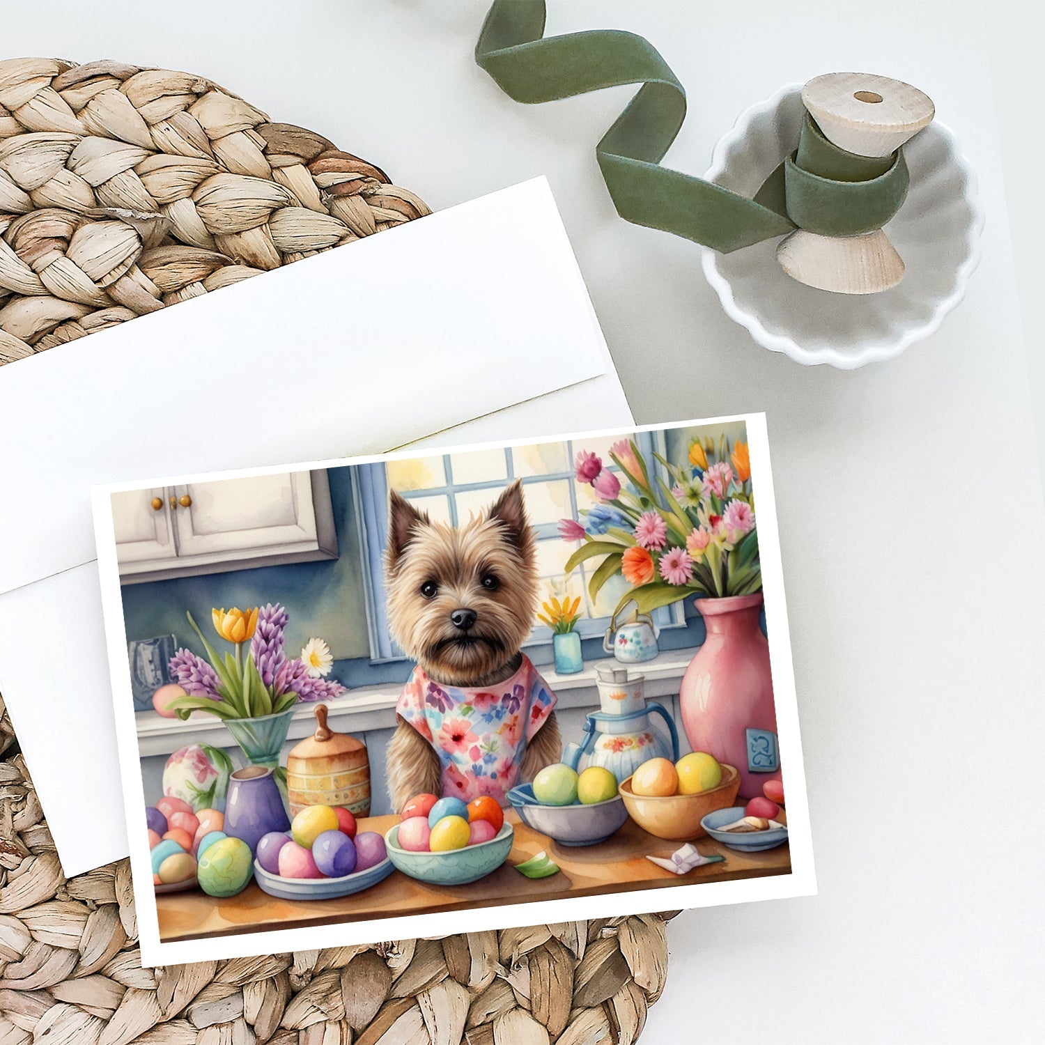 Decorating Easter Cairn Terrier Greeting Cards Pack of 8 Blank Cards with Envelopes Whimsical A7 Size 5x7