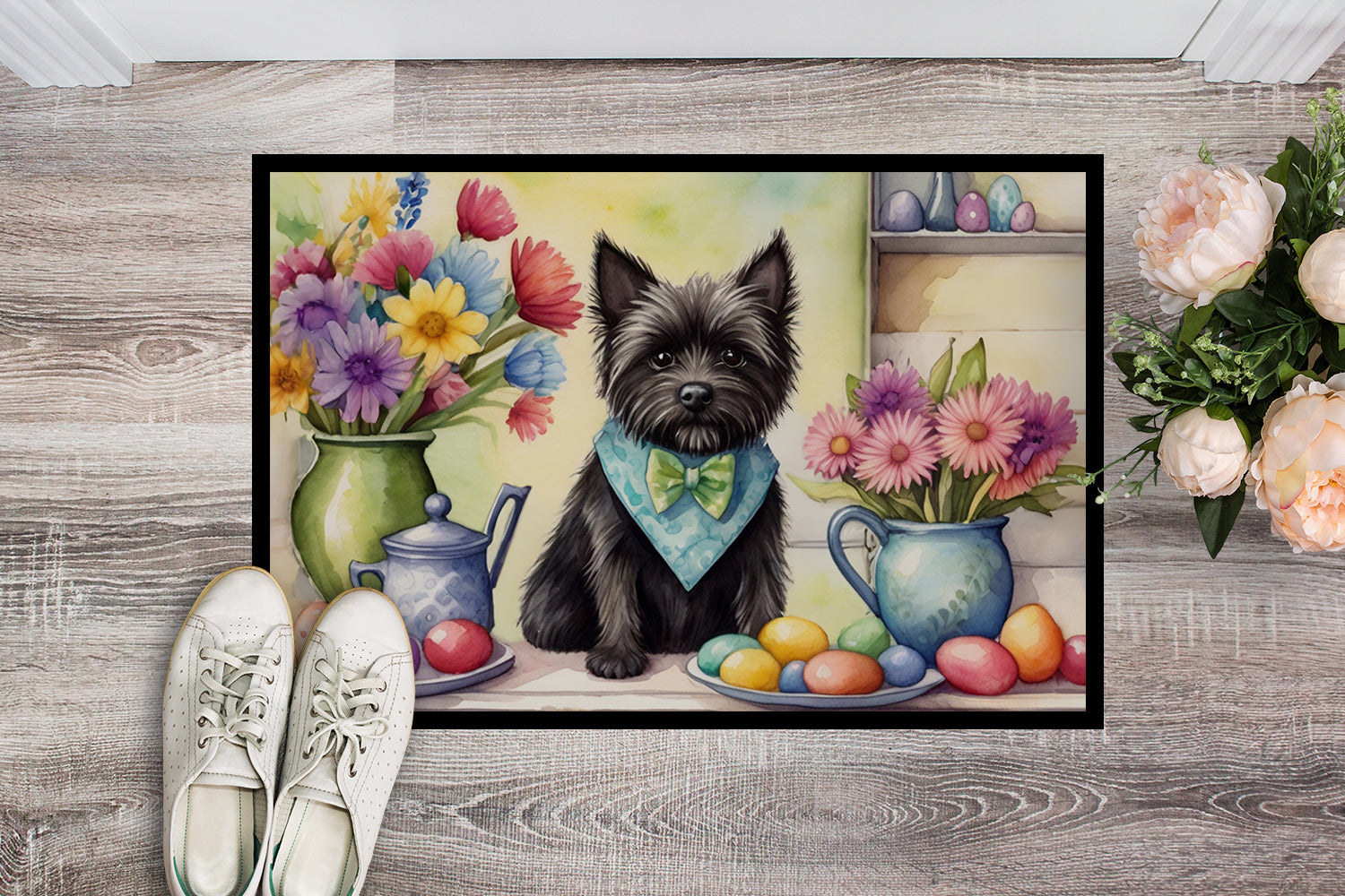 Decorating Easter Cairn Terrier Doormat Indoor Outdoor 24H X 36W Front Door Mat Rugs for Entryway, Non Slip Washable Low Pile,