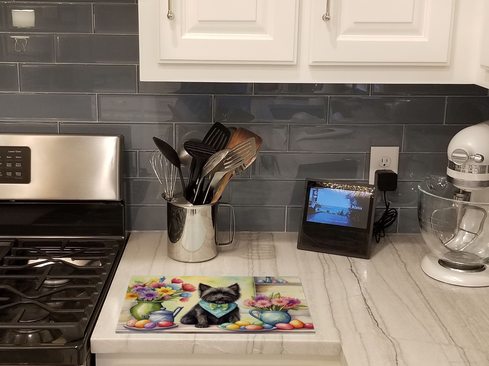 Decorating Easter Cairn Terrier Cutting Board Tempered Glass Kitchen Cutting Surface, Heat Resistant Chopping, Non-Slip Feet, Food Prep & Serving