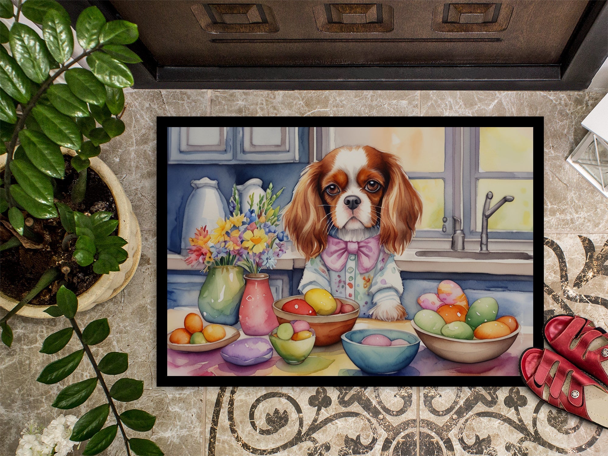 Decorating Easter Cavalier Spaniel Doormat Indoor Outdoor 24H X 36W Front Door Mat Rugs for Entryway, Non Slip Washable Low Pile,