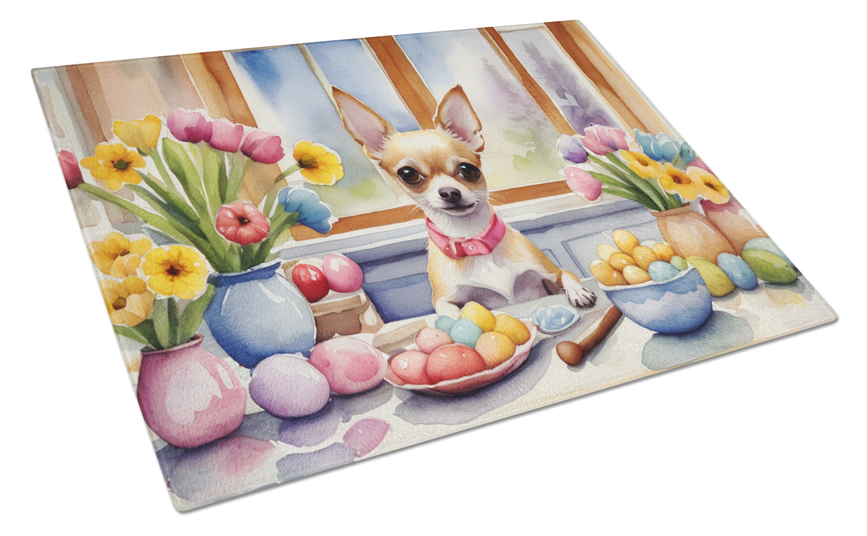 Decorating Easter Chihuahua Cutting Board Tempered Glass Kitchen Cutting Surface, Heat Resistant Chopping, Non-Slip Feet, Food Prep & Serving