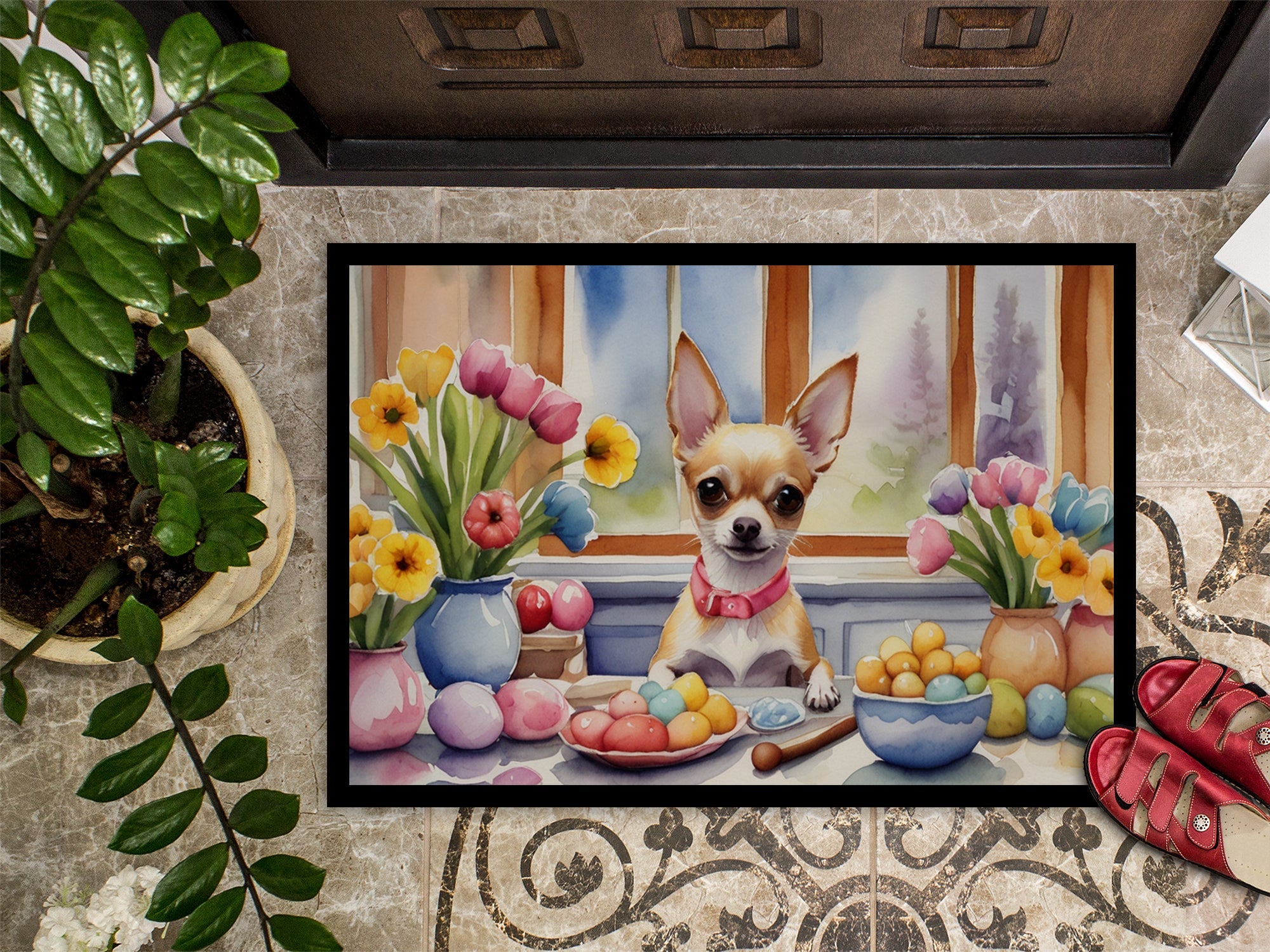 Decorating Easter Chihuahua Doormat Indoor Outdoor 18H X 27W Front Door Mat Rugs for Entryway, Non Slip Washable