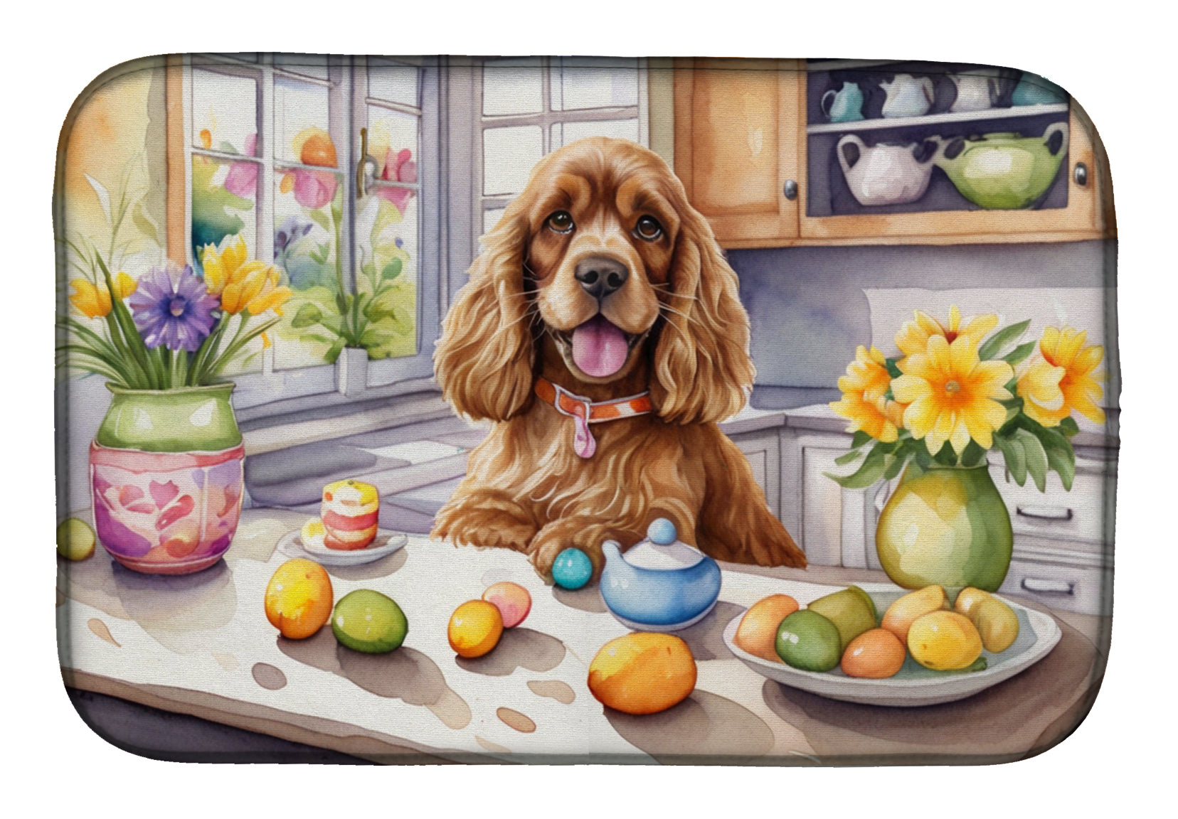 Decorating Easter Cocker Spaniel Dish Drying Mat Absorbent Dish Drying Mat Pad for Kitchen Counter Dish Drainer Mat for Countertop, 14 x 21", Multicolor
