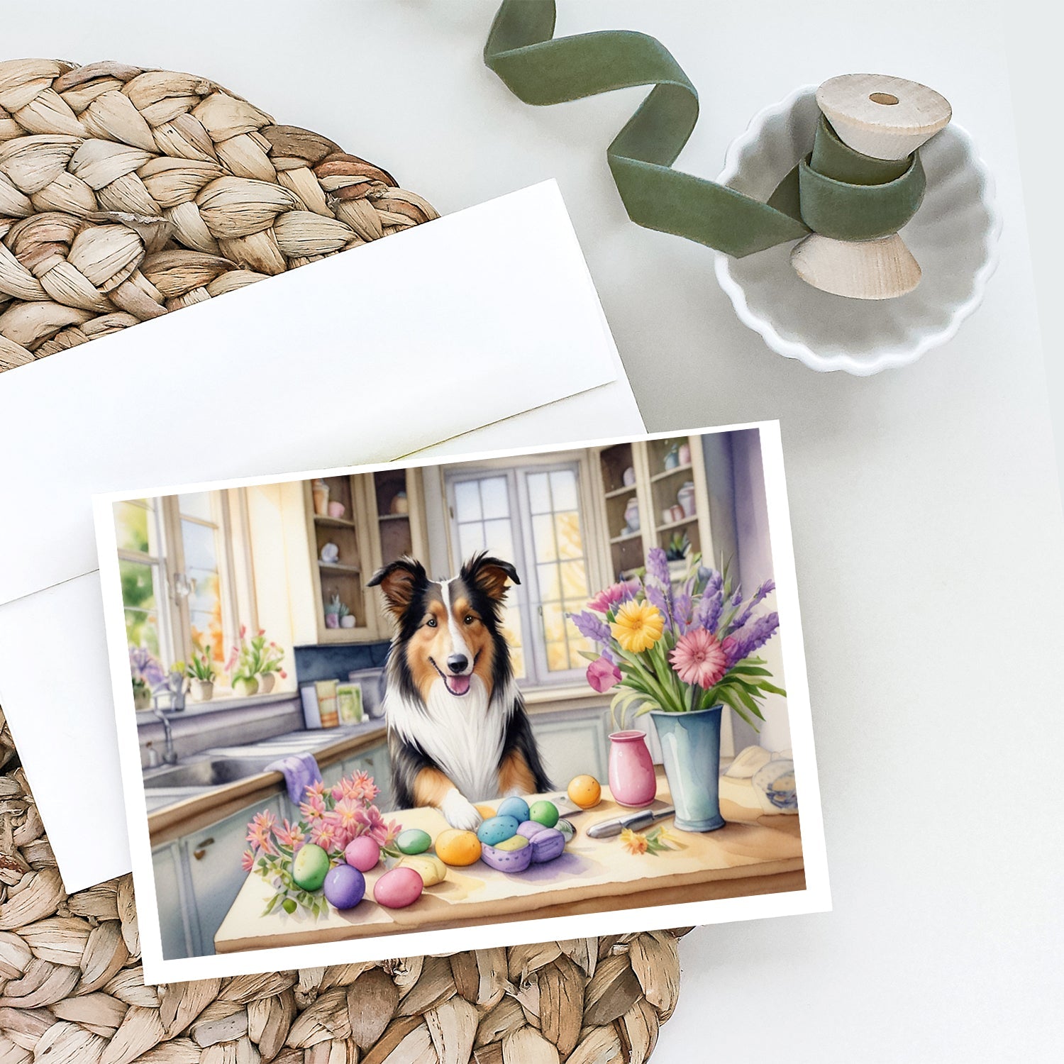 Decorating Easter Collie Greeting Cards Pack of 8 Blank Cards with Envelopes Whimsical A7 Size 5x7