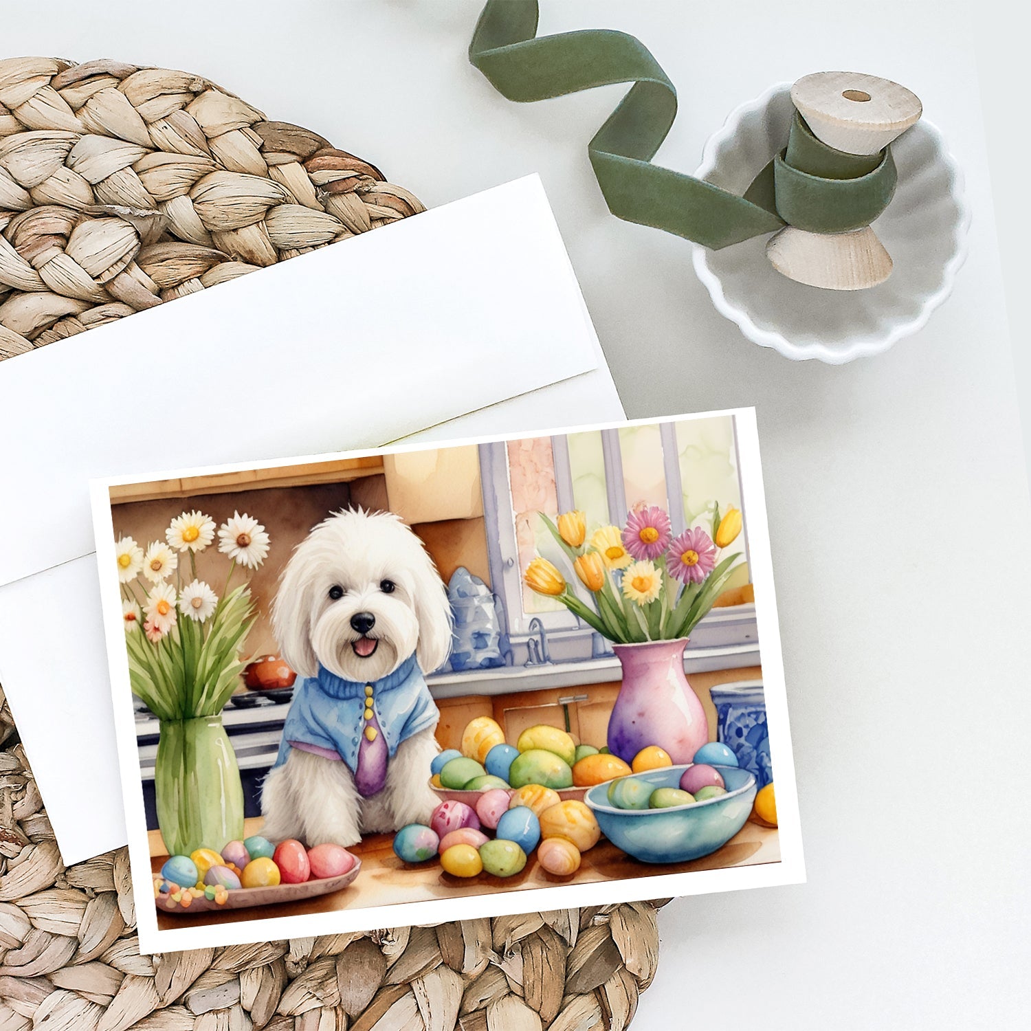 Decorating Easter Coton de Tulear Greeting Cards Pack of 8 Blank Cards with Envelopes Whimsical A7 Size 5x7