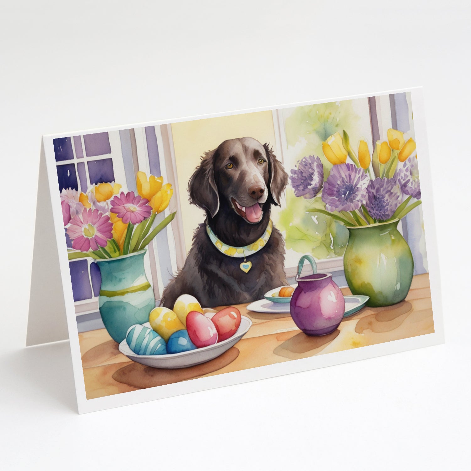 Decorating Easter Curly-Coated Retriever Greeting Cards Pack of 8 Blank Cards with Envelopes Whimsical A7 Size 5x7