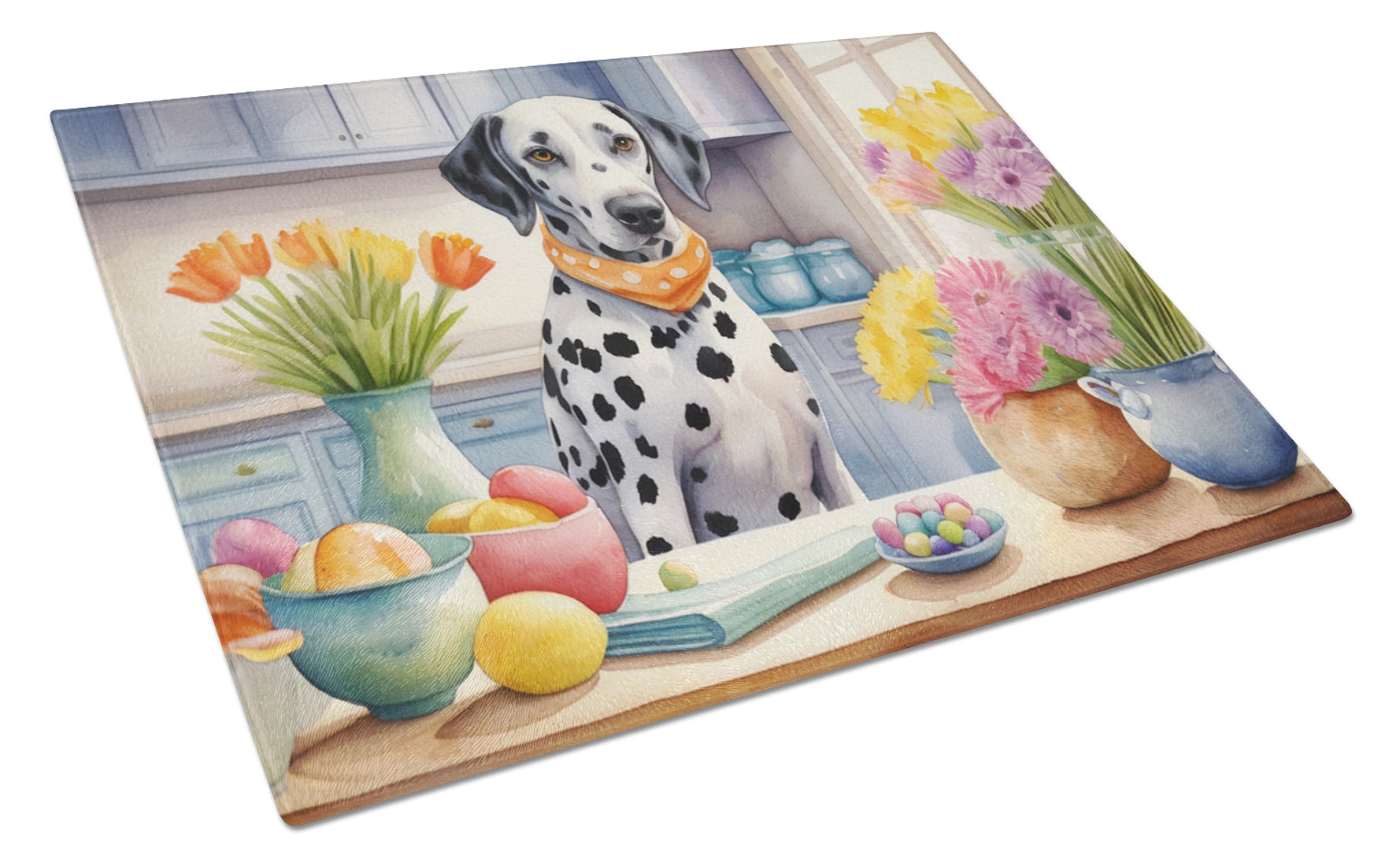 Decorating Easter Dalmatian Cutting Board Tempered Glass Kitchen Cutting Surface, Heat Resistant Chopping, Non-Slip Feet, Food Prep & Serving
